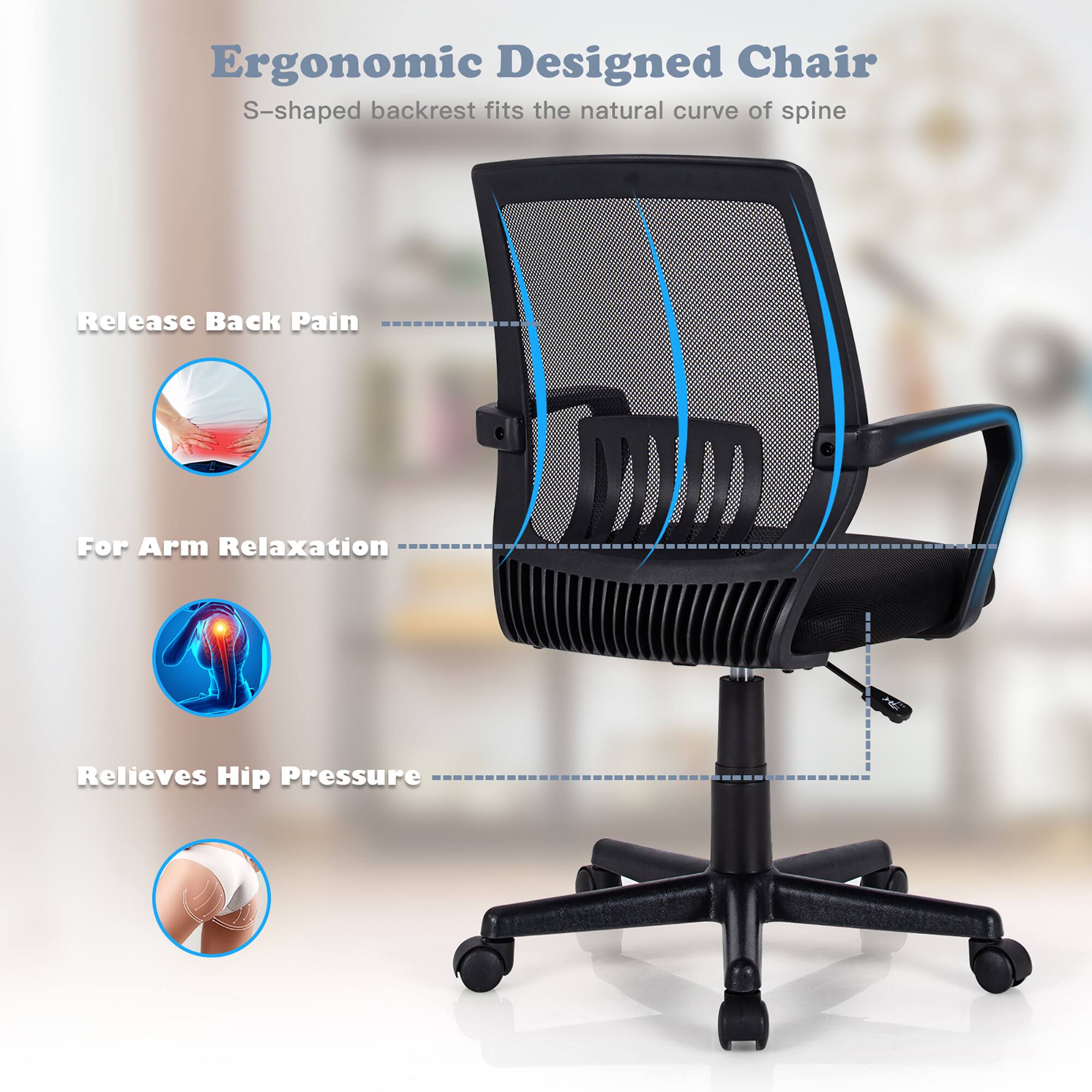 Ergonomic Designed Chair: S-shaped backrest fits the natural curve of spine, Release Back Pain, For Arm Relaxation, Relieves Hip Pressure.