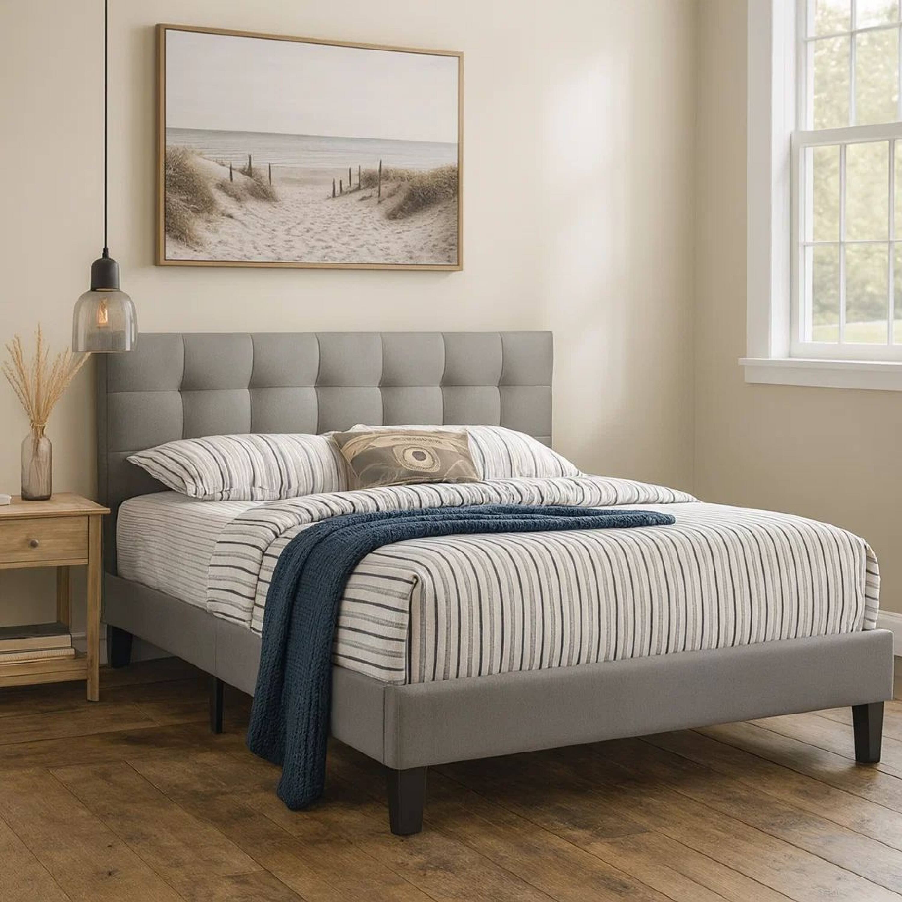 Alt View 5. Manhattan Lane - Dex Modern Platform Queen Size Bed, Square Tufted Upholstery - Light Gray.