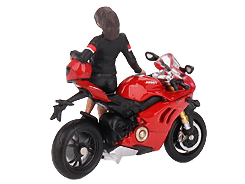 Left. Mini GT - Ducati Panigale V4 S Motorcycle Red with Ducati Girl Figure Limited Edition 1/64 Diecast Model by Mini GT - Red.