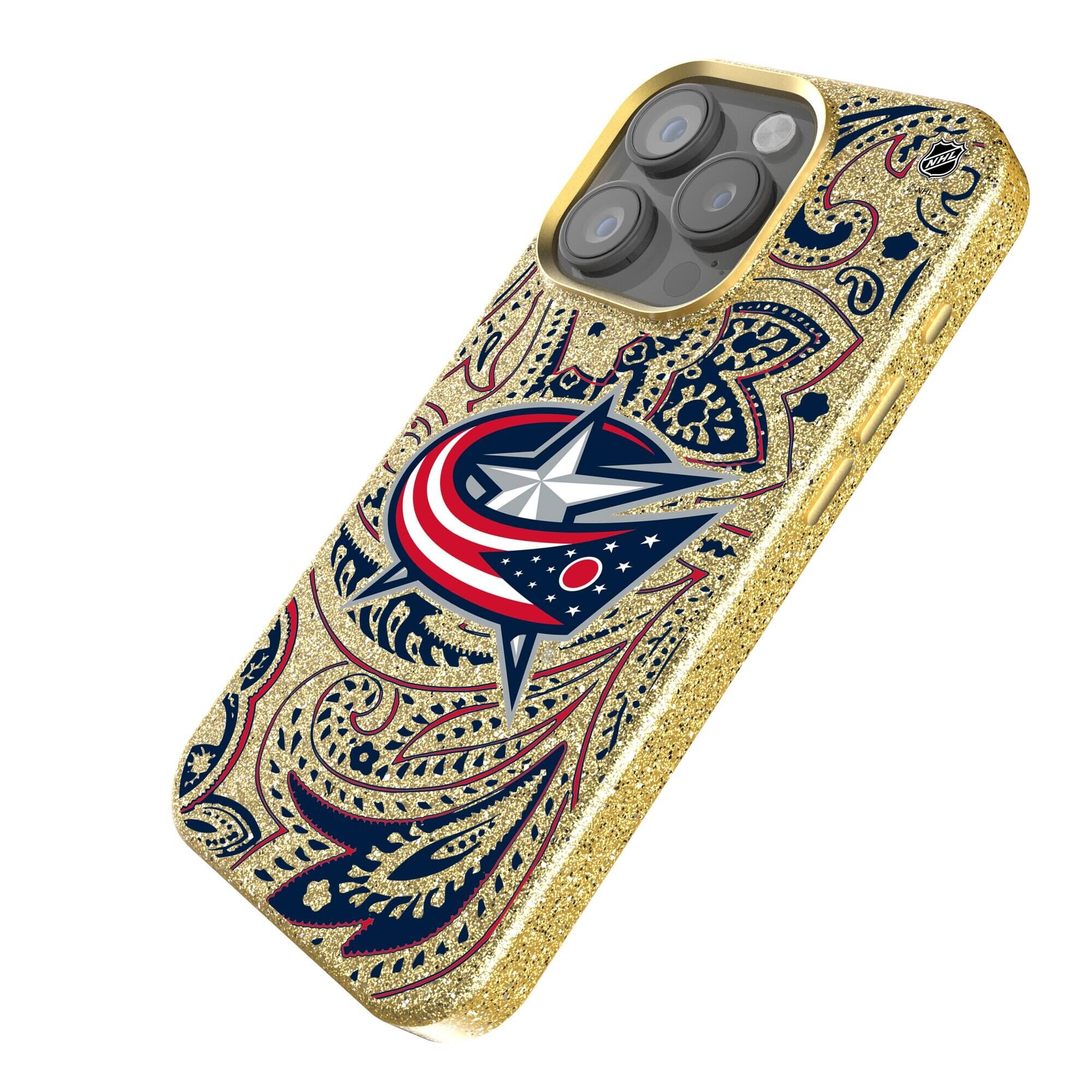 Alt View 1. Keyscaper - Gold Columbus Blue Jackets Paisley Bling iPhone Case - 14 - Gold.