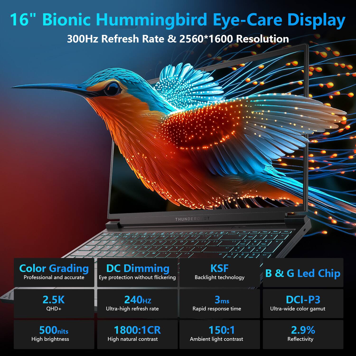 16" Bionic Hummingbird Eye-Care Display  
300Hz Refresh Rate & 2560*1600 Resolution

Color Grading  
Professional and accurate

DC Dimming  
Eye protection without flickering

KSF  
Backlight technology

B & G Led Chip

2.5K QHD+  
240Hz Ultra-high refresh rate  
3ms Rapid response time  
DCI-P3 Ultra-wide color gamut  
500nits High brightness  
1800:1CR High natural contrast  
150:1 Ambient light contrast  
2.9% Reflectivity