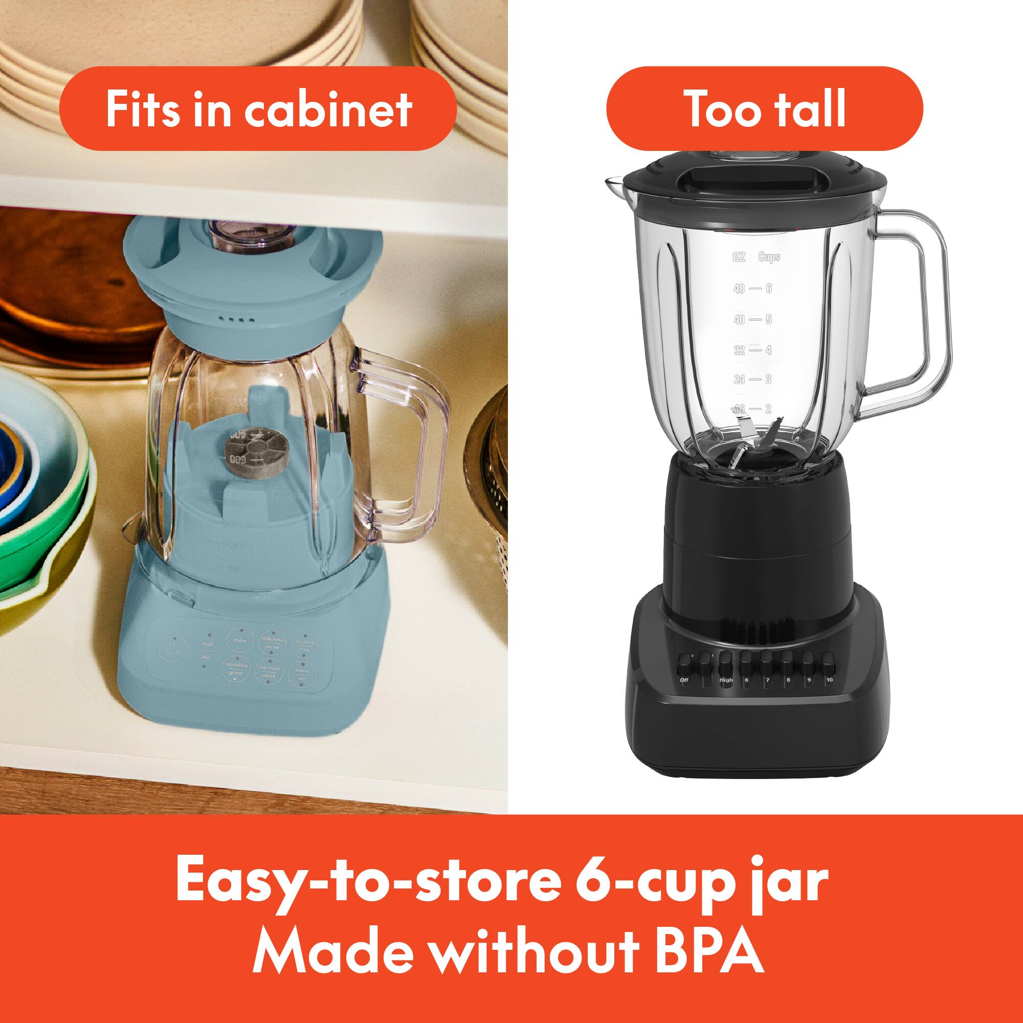 Fits in cabinet

Too tall

Easy-to-store 6-cup jar
Made without BPA
