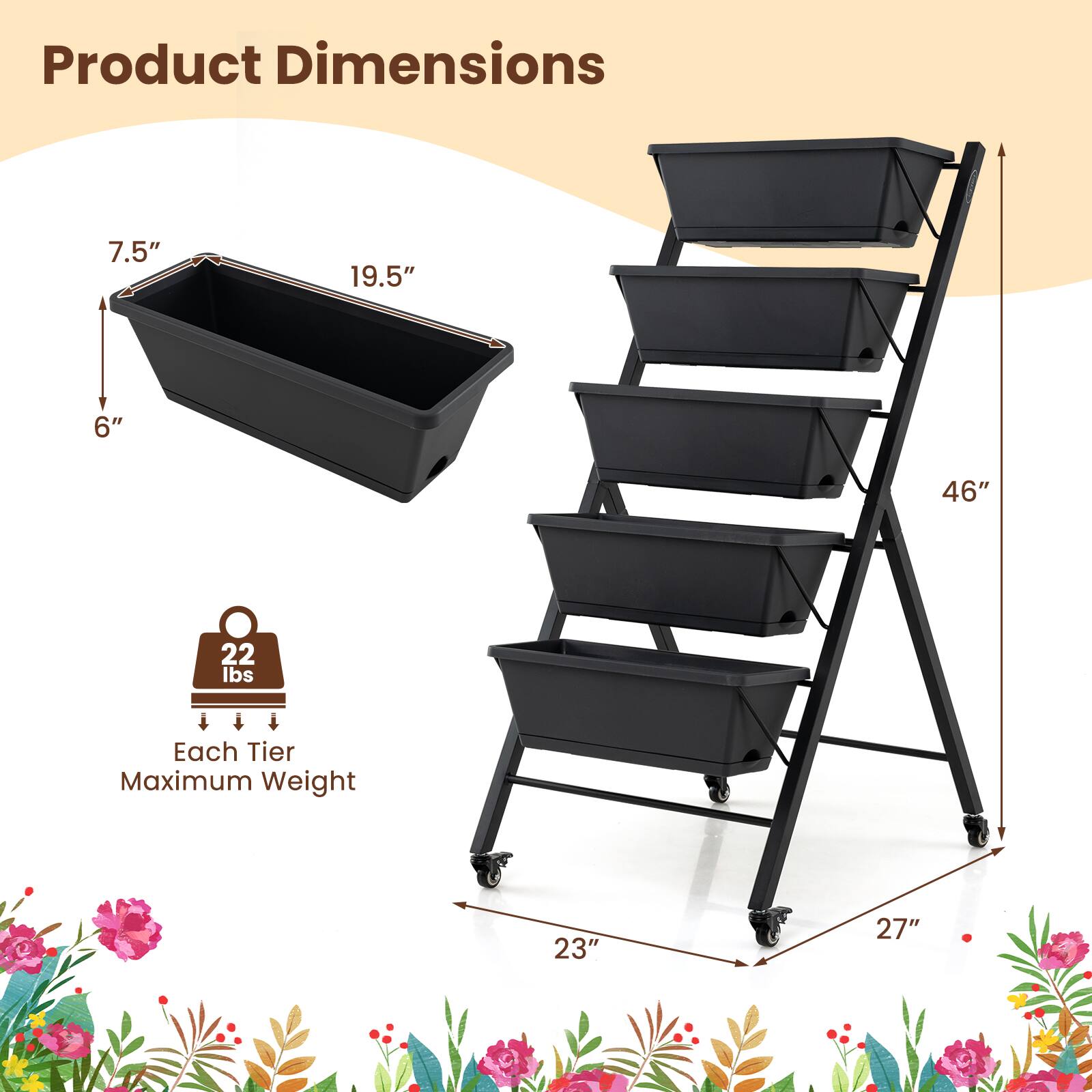 Product Dimensions  
7.5" x 19.5" x 6"  
Each Tier Maximum Weight: 22 lbs  
46" x 23" x 27"