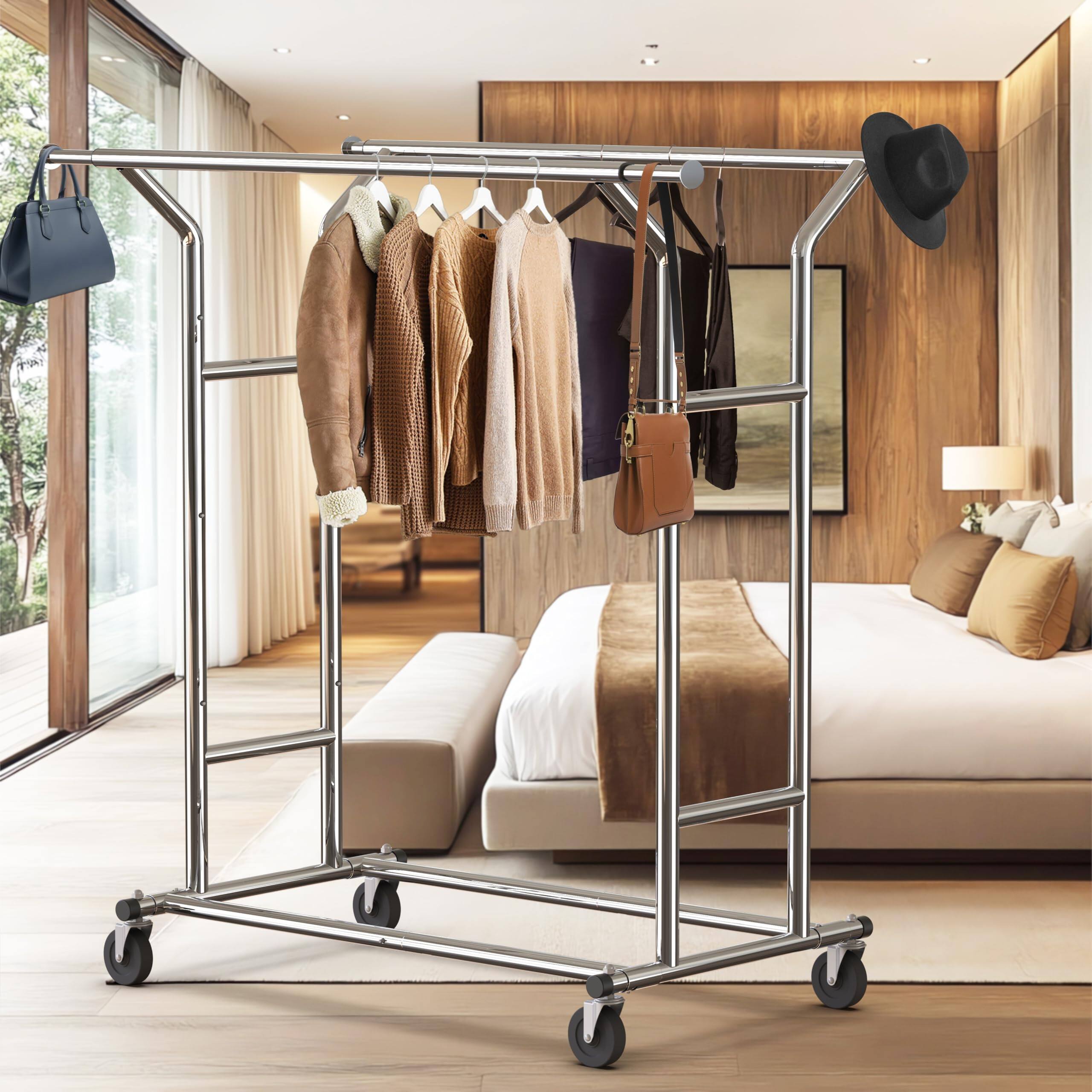 Alt View 1. Refined Abode Design - Heavy Duty Double Rail Clothing Garment Rack  Holds Up To 200 Lbs 43 67 Inches Extendable Rod Chrome - Black.