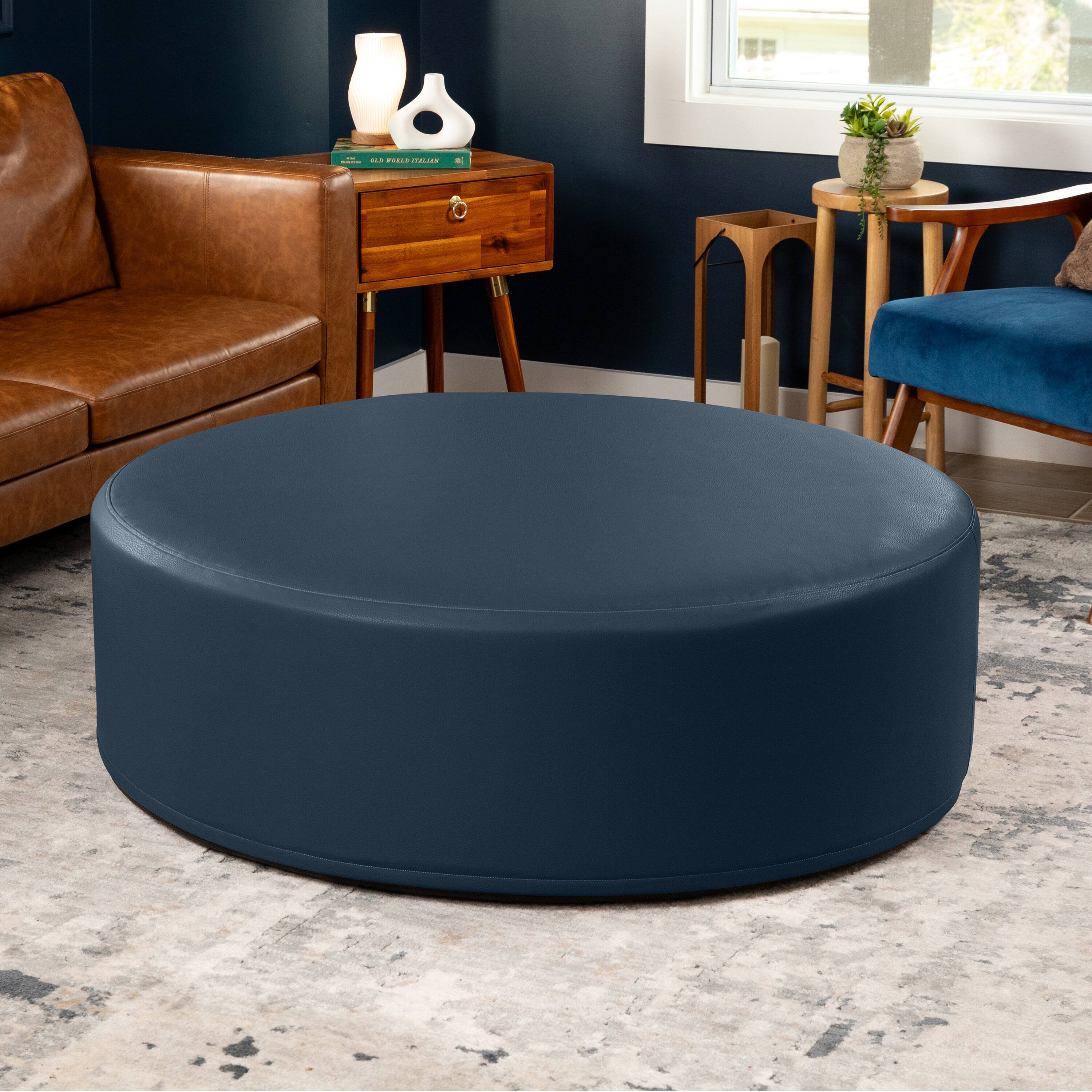 Alt View 1. Jaxx - Jaxx Candler Round Couch Oversized Giant Coffee Table Ottoman 44”, Oxford Blue - Faux Leather Oxford Blue.