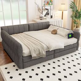 Whisen - Queen Size Upholstered Platform Bed Frame with Built-in USB Ports and 2 Storage Drawers for Bedroom - Gray