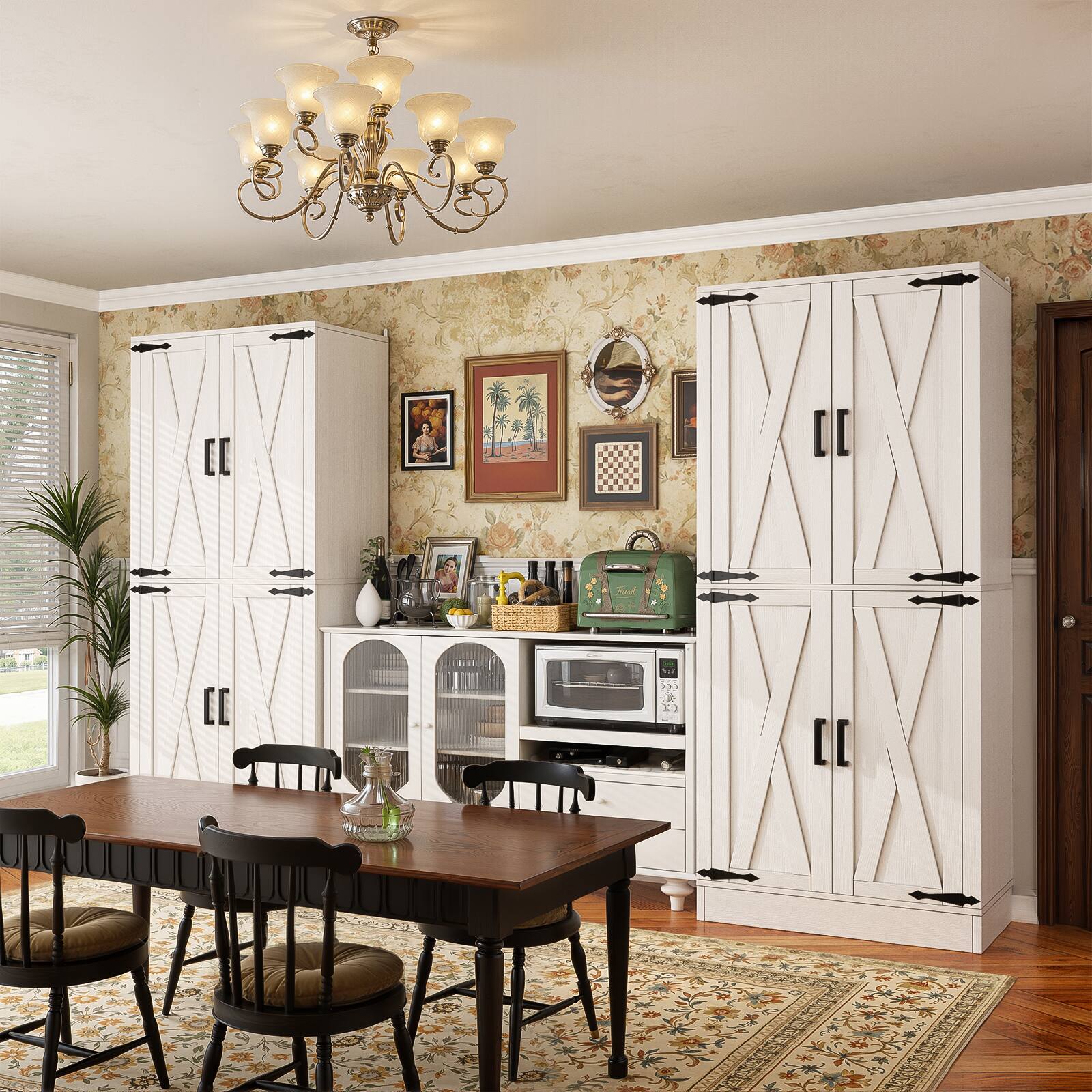 Left. Aheaplus - 71'' Tall Farmhouse Pantry Storage Cabinet with 4 Barn Doors and Drawer, Cupboard with Adjustable Shelves, 2 Piece Set - White.