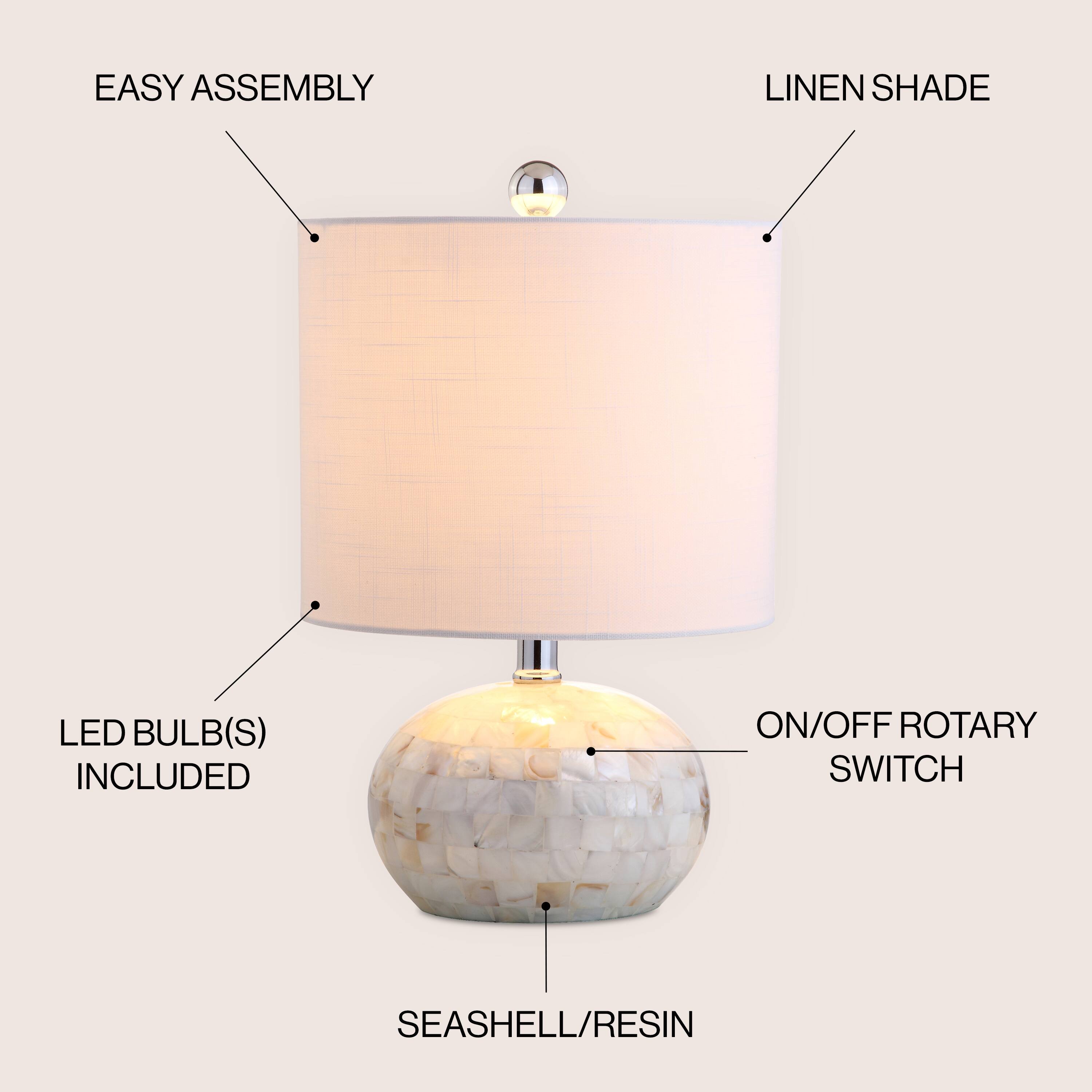 EASY ASSEMBLY  
LINEN SHADE  
LED BULB(S) INCLUDED  
ON/OFF ROTARY SWITCH  
SEASHELL/RESIN