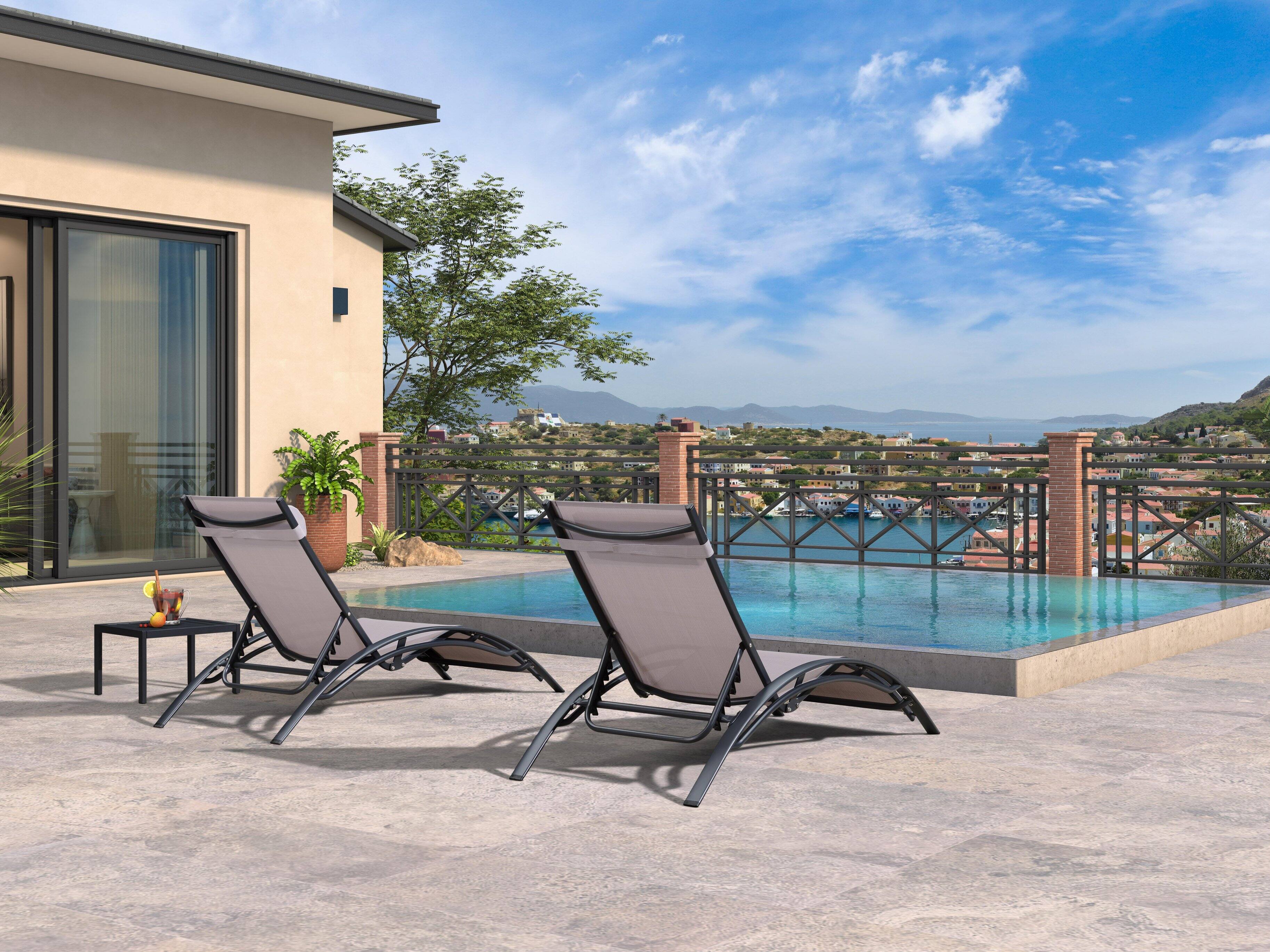 Alt View 2. PURPLE LEAF - 3-Pieces Aluminum Outdoor Chaise Lounge Patio Lounge Chair with Side Table, Light Gray - Light Grey.