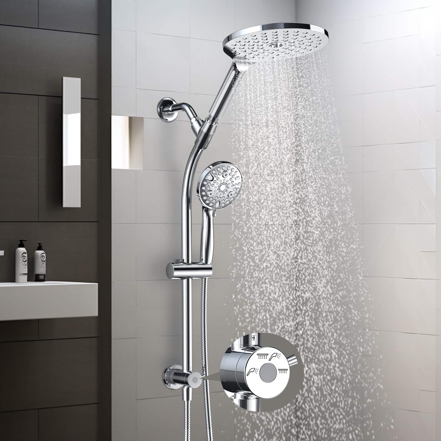 Front. Dazzed Corner - 7.5" Rotatable Dual Shower Head Combo with Handheld Showerhead - Chrome.
