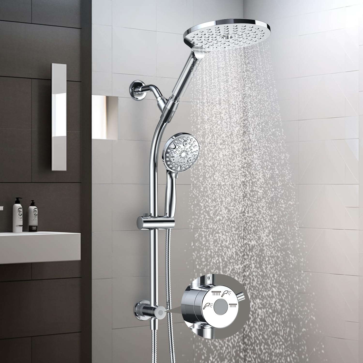 Dazzed Corner - 7.5" Rotatable Dual Shower Head Combo with Handheld Showerhead - Chrome