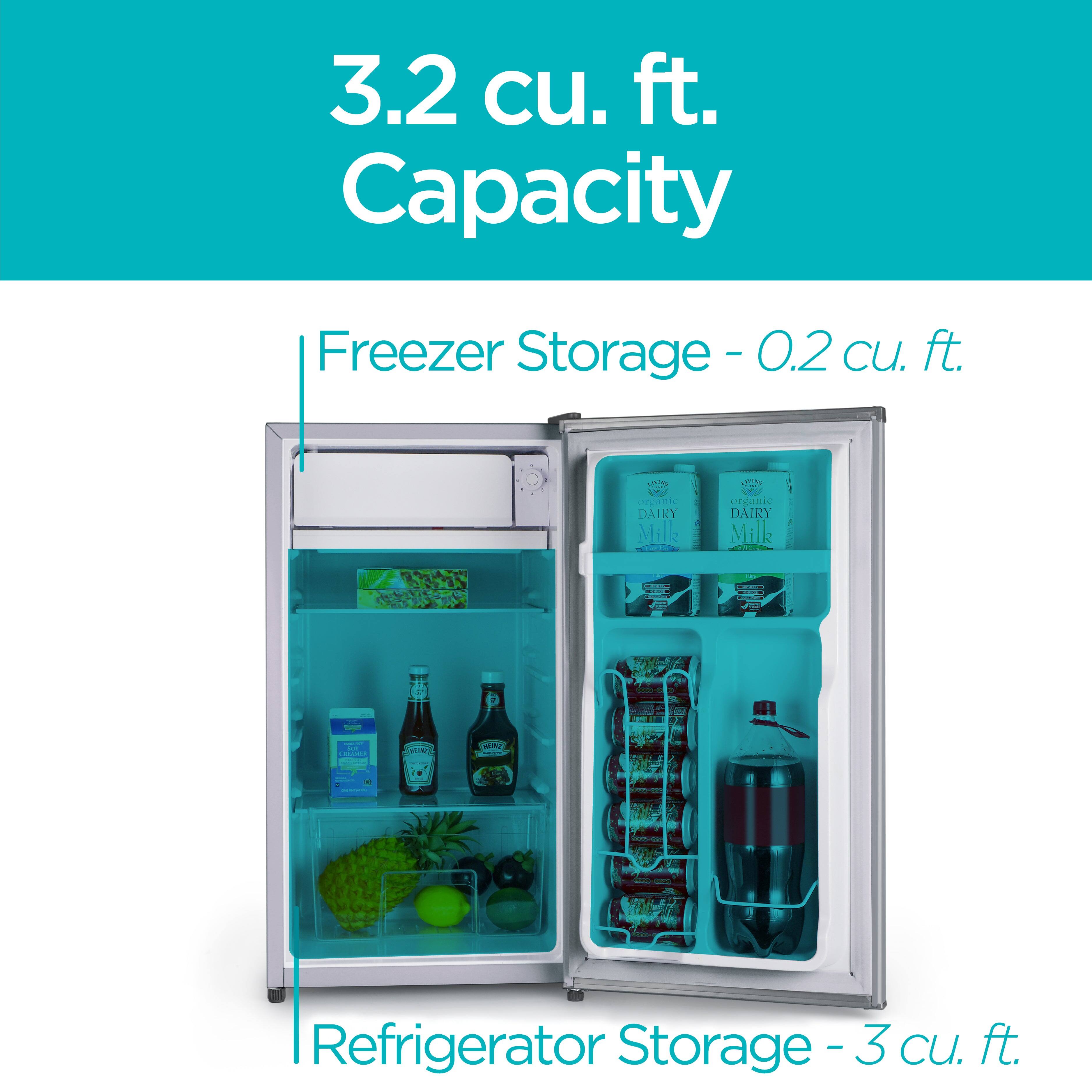 3.2 cu. ft. Capacity
Freezer Storage - 0.2 cu. ft.
Refrigerator Storage - 3 cu. ft.