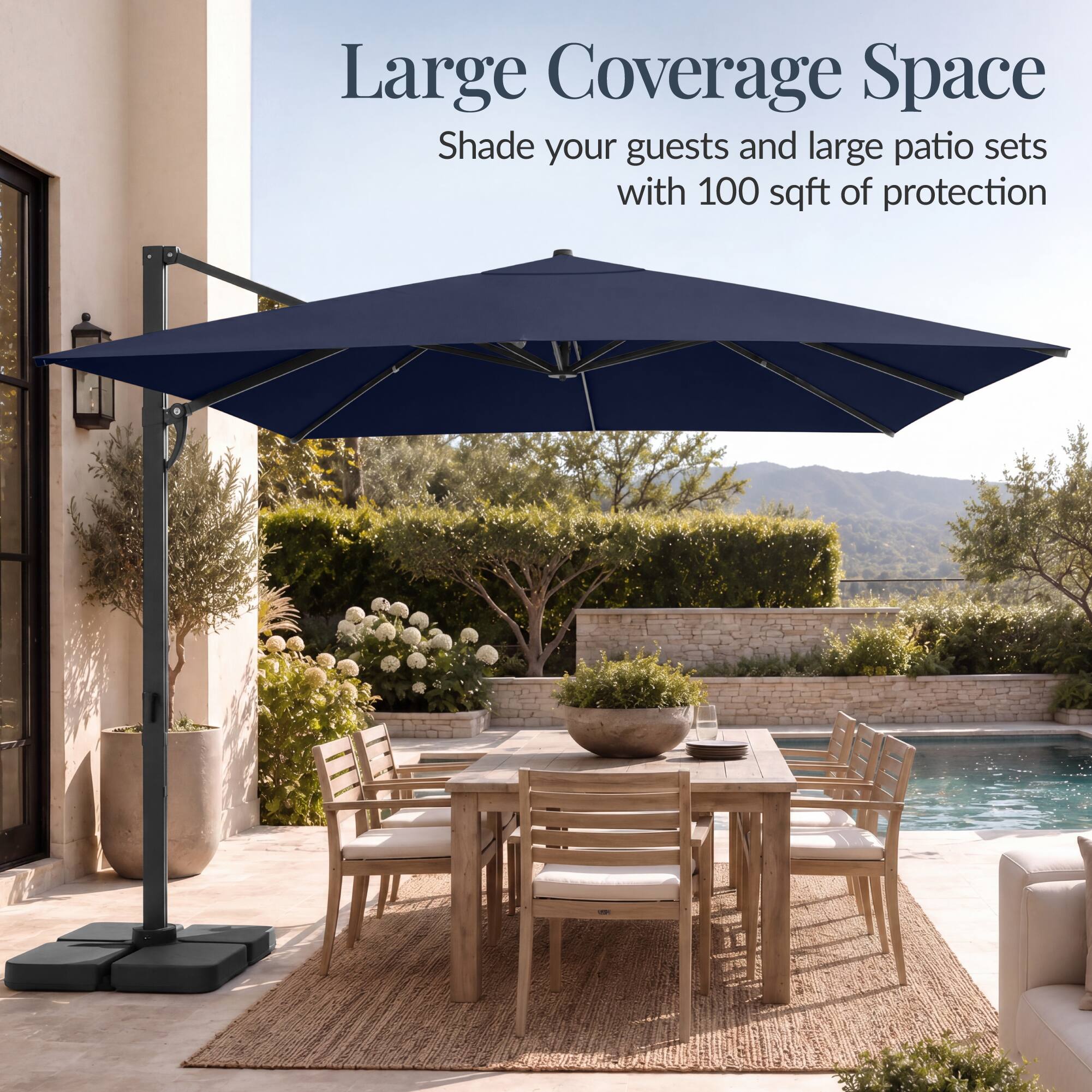 Large Coverage Space  
Shade your guests and large patio sets with 100 sqft of protection