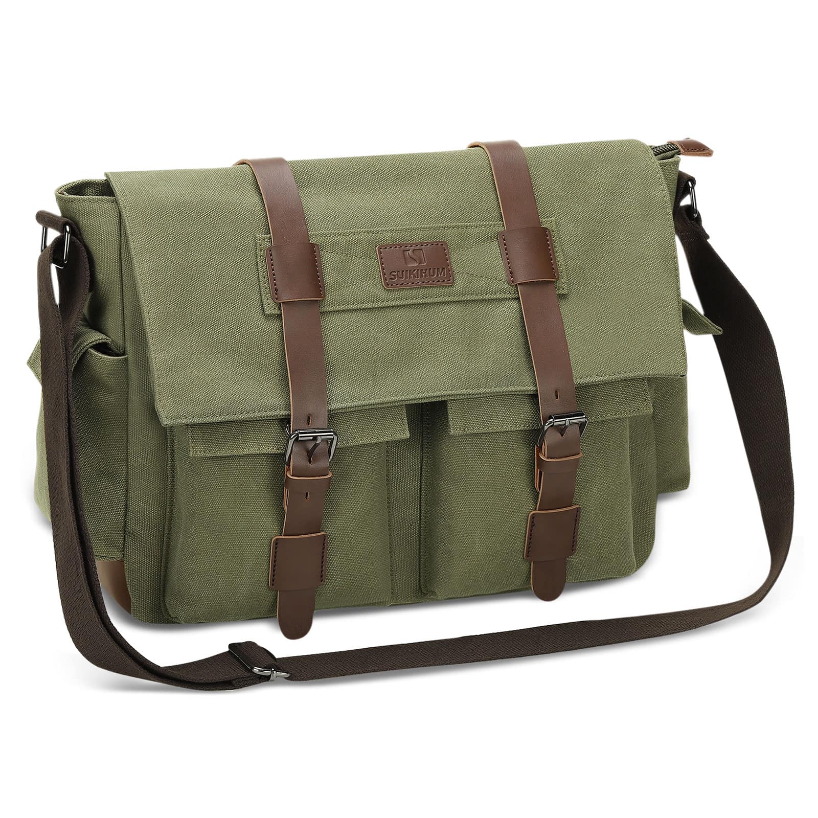 Unique Bargains - Canvas Crossbody Bag for Men and Women, Vintage Shoulder Bag, Multiple Pockets, Fits 13" Laptops - Green