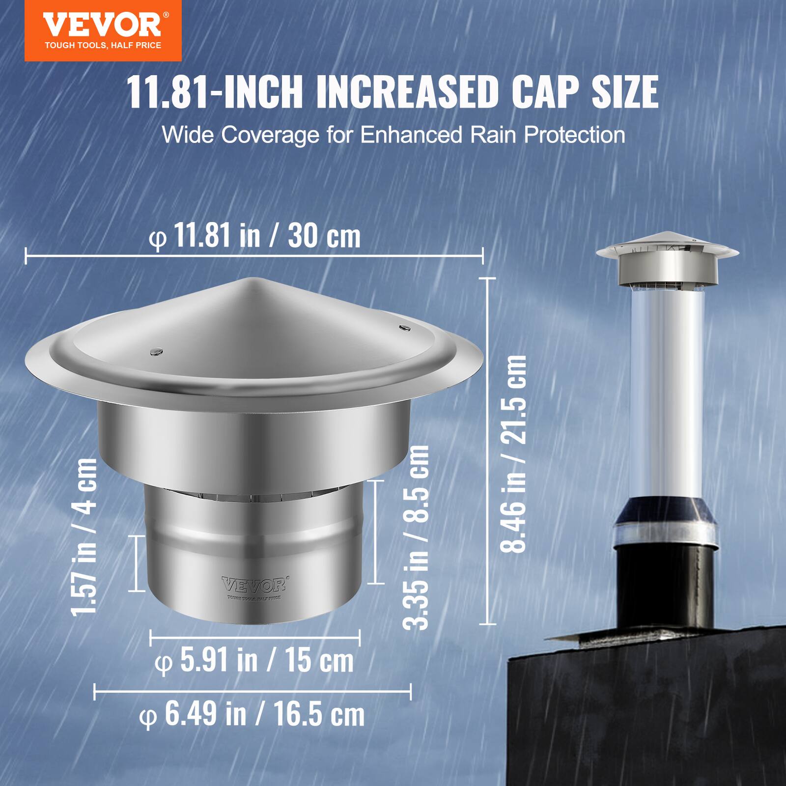 VEVOR TOUGH TOOLS, HALF PRICE  
11.81-INCH INCREASED CAP SIZE  
Wide Coverage for Enhanced Rain Protection  

- 11.81 in / 30 cm  
- 1.57 in / 4 cm  
- 5.91 in / 15 cm  
- 6.49 in / 16.5 cm  
- 3.35 in / 8.5 cm  
- 8.46 in / 21.5 cm