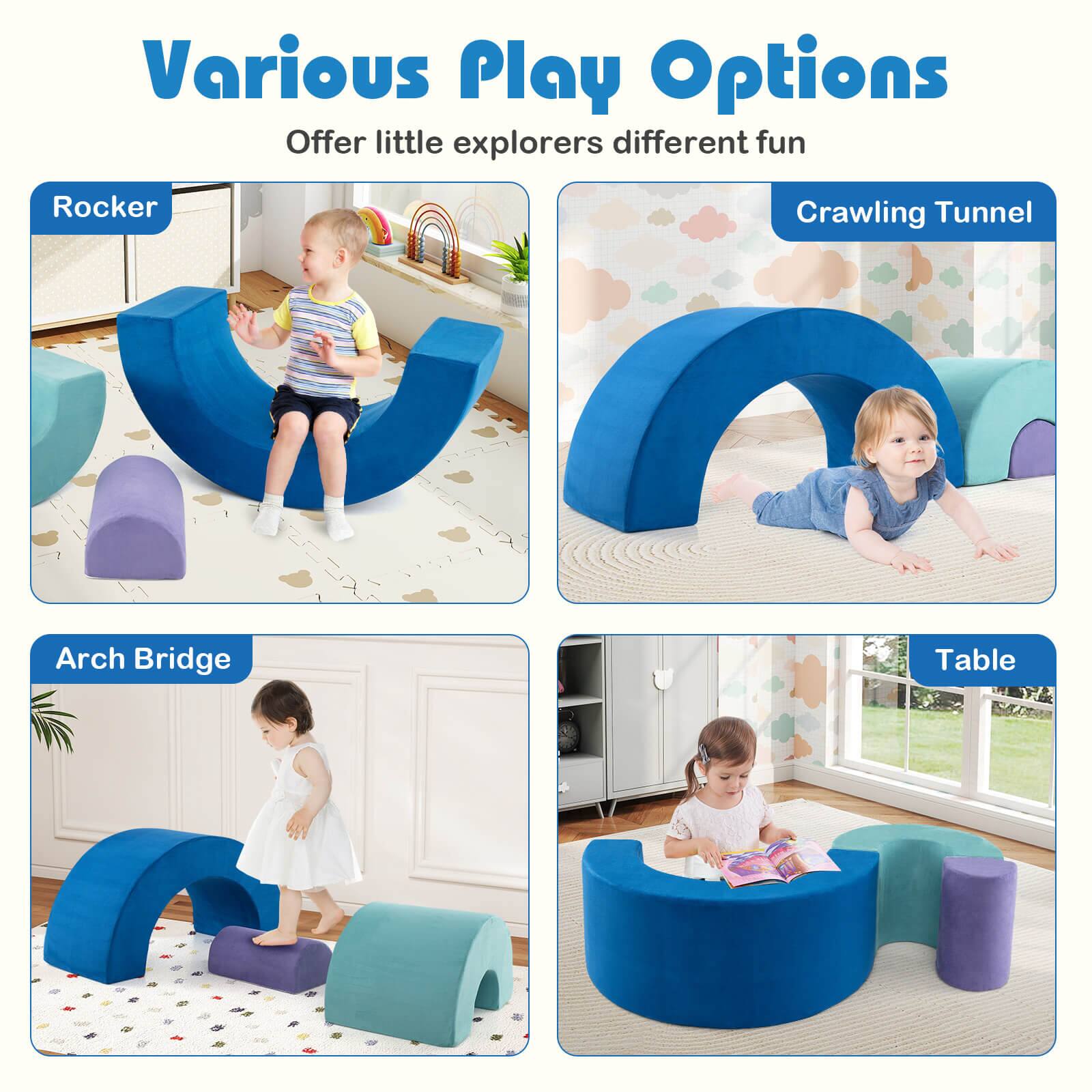 Various Play Options  
Offer little explorers different fun  

Rocker  
Crawling Tunnel  
Arch Bridge  
Table