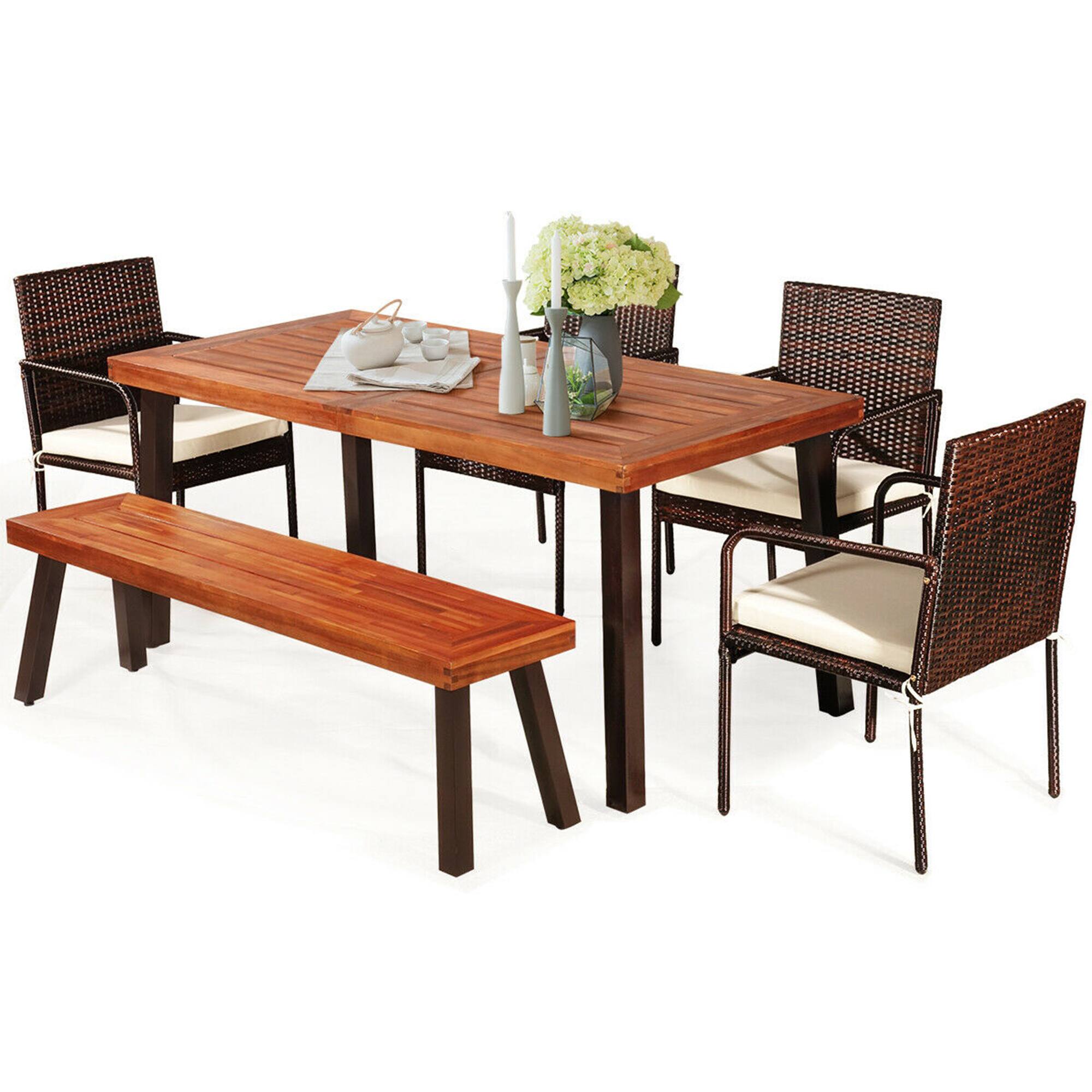 Alt View 7. Gymax - Gymax 6PCS Patio Rattan Dining Set Acacia Wood Tabletop Cushioned Chair - Brown.