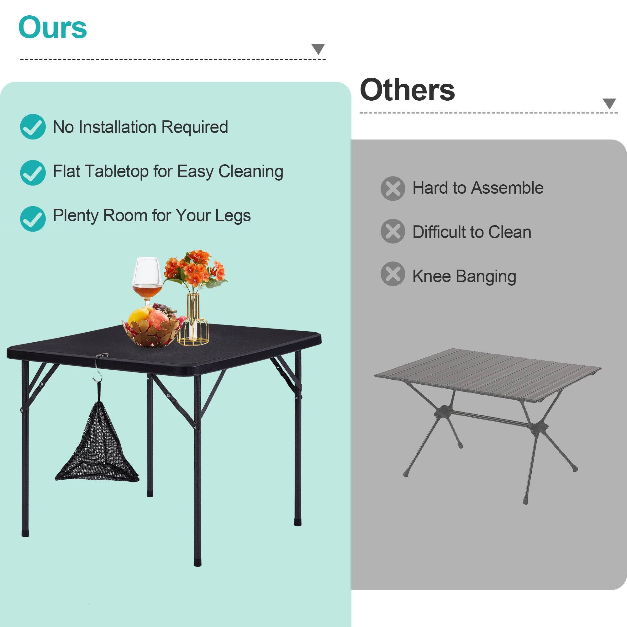 **Ours**

- No Installation Required
- Flat Tabletop for Easy Cleaning
- Plenty Room for Your Legs

**Others**

- Hard to Assemble
- Difficult to Clean
- Knee Banging