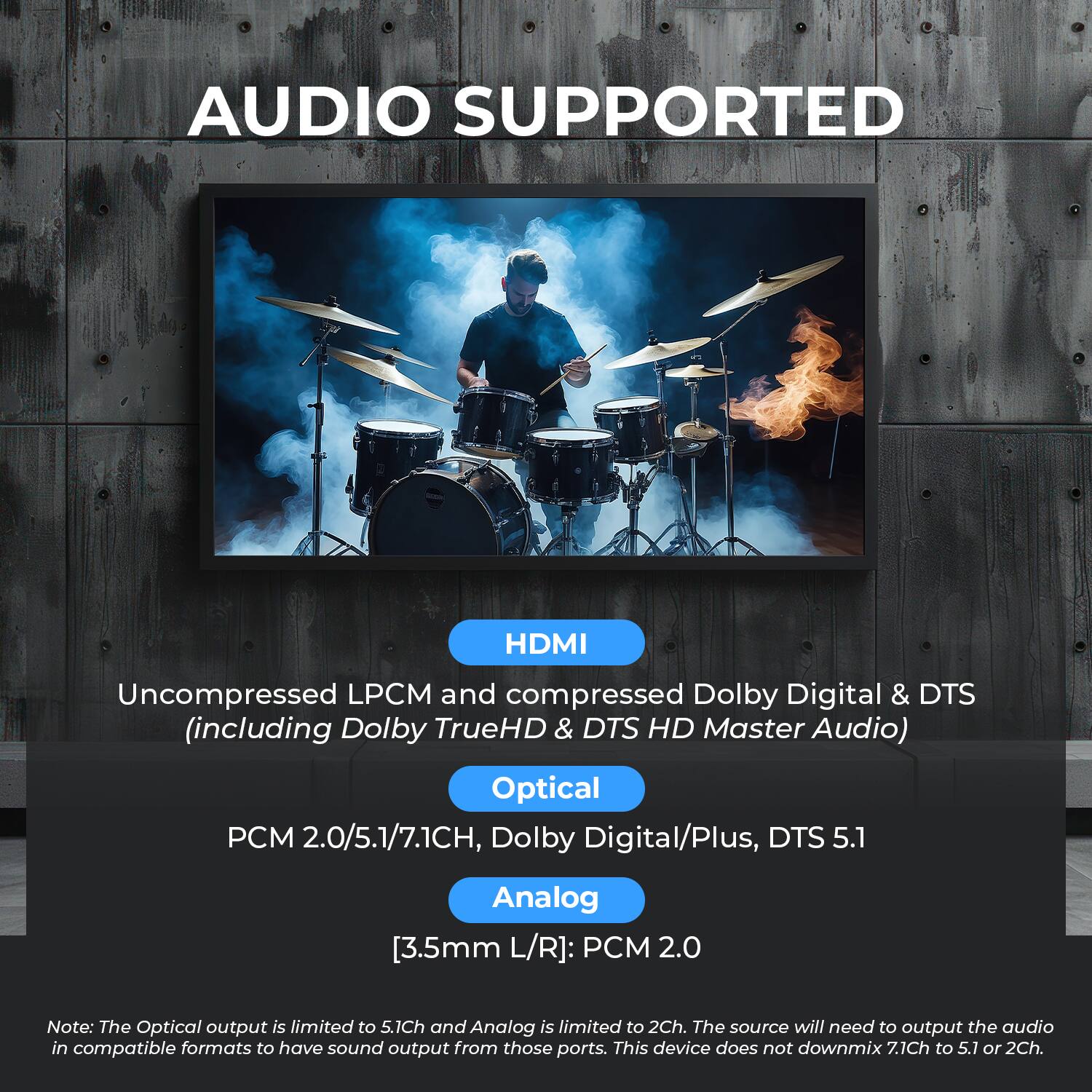 AUDIO SUPPORTED HDMI Uncompressed LPCM and compressed Dolby Digital & DTS (including Dolby TrueHD & DTS HD Master Audio) Optical PCM 2.0/5.1/7.1CH, Dolby Digital/Plus, DTS 5.1 Analog [3.5mm L/R]: PCM 2.0 Note: The Optical output is limited to 5.1Ch and Analog is limited to 2Ch. The source will need to output the audio in compatible formats to have sound output from those ports. This device does not downmix 7.1Ch to 5.1 or 2Ch.