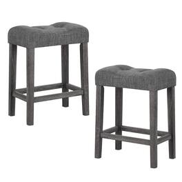 Gymax - 24'' Saddle Bar Stools Set of 2 w/ Footrest Rubber Wood Frame for Kitchen Island - Gray