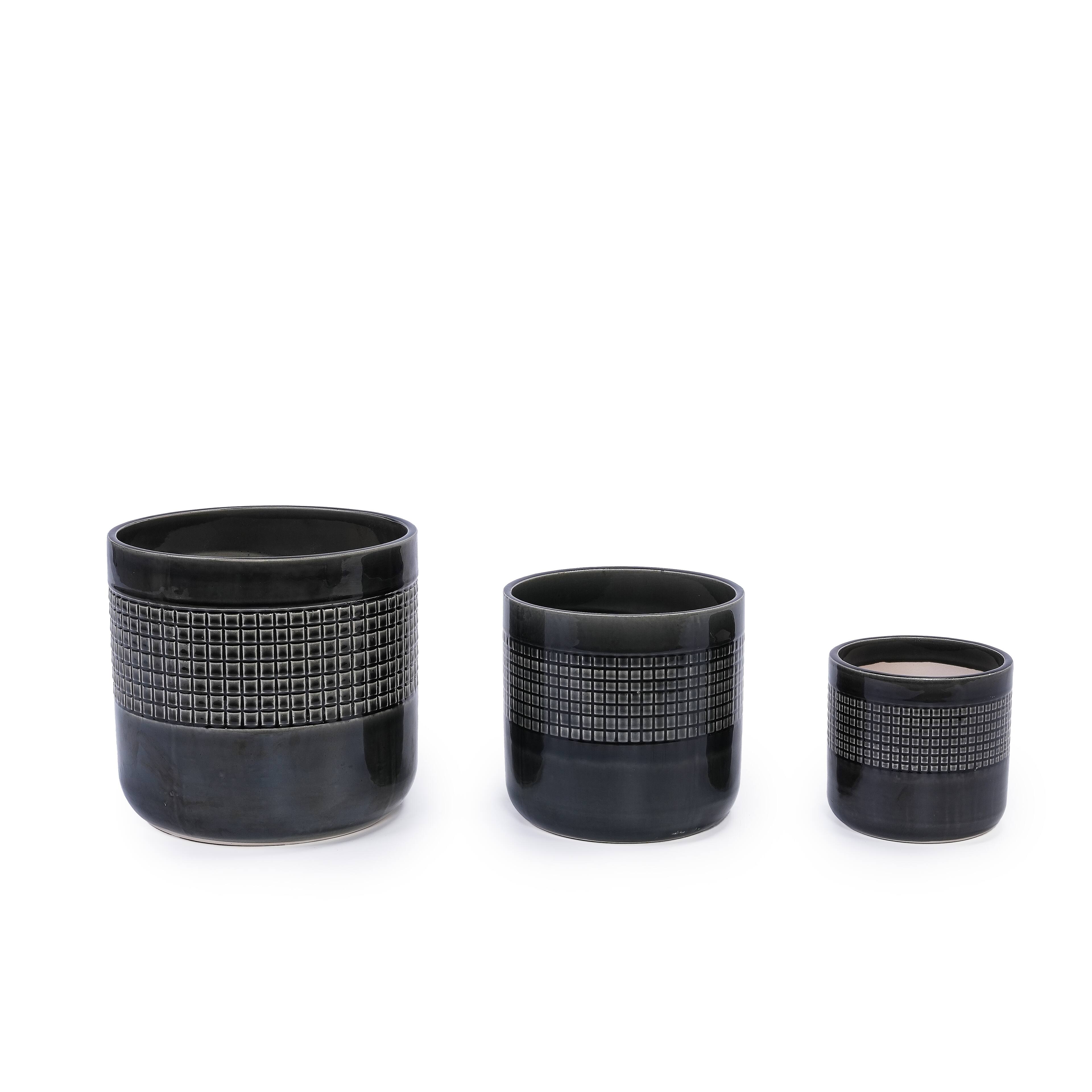 Back. Loheer - Loheer Ceramic Planter Set, Handmade Black Glazed Pots for Succulents and Cacti, Drainage Holes, Indoor Outdoor.