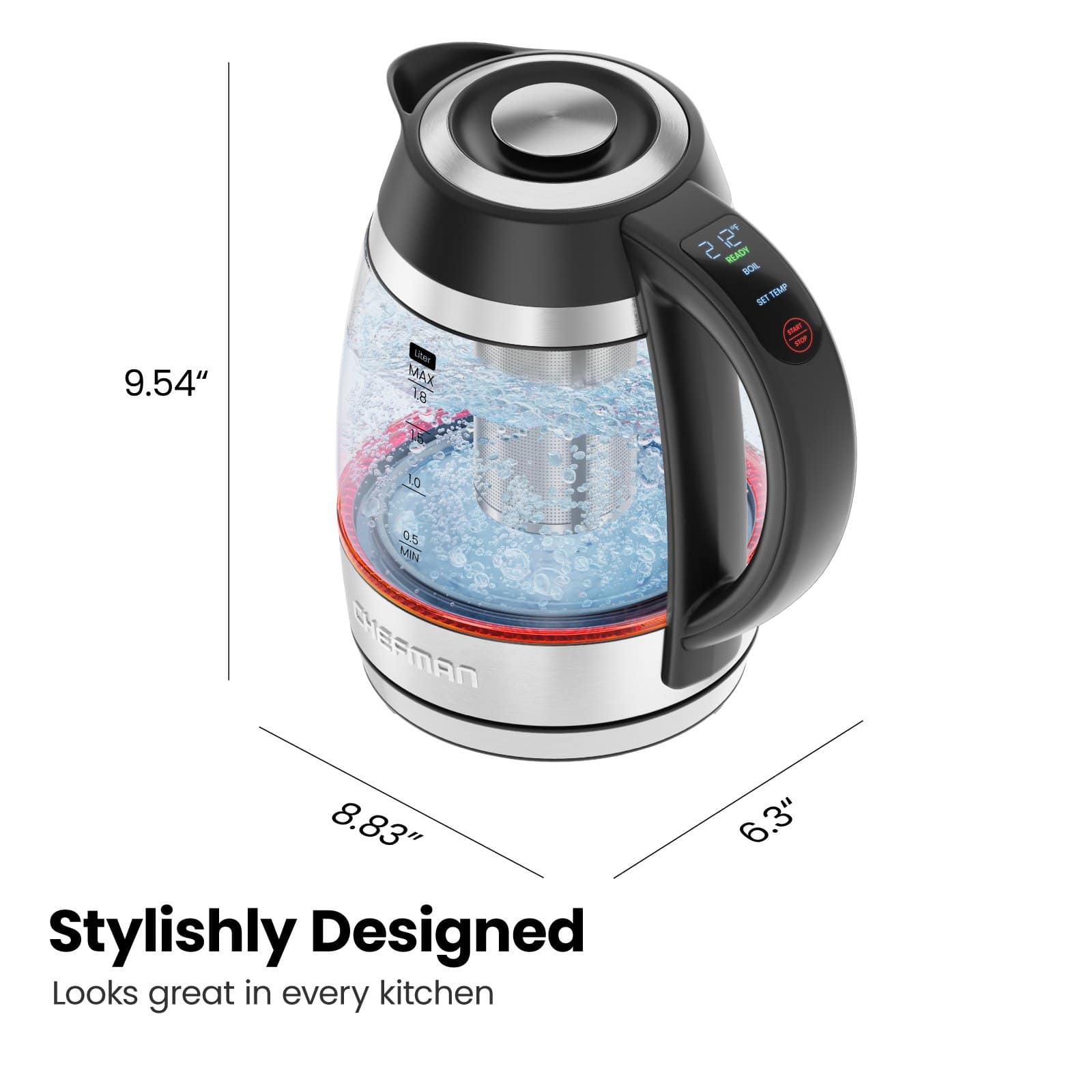 The text on the image reads: "Stylishly Designed Looks great in every kitchen 9.54" Lke MAX 18 Lo 0.5 MI CHEFmAN 2 22 RAACN BOE TMP SET WaaT - 8.83".