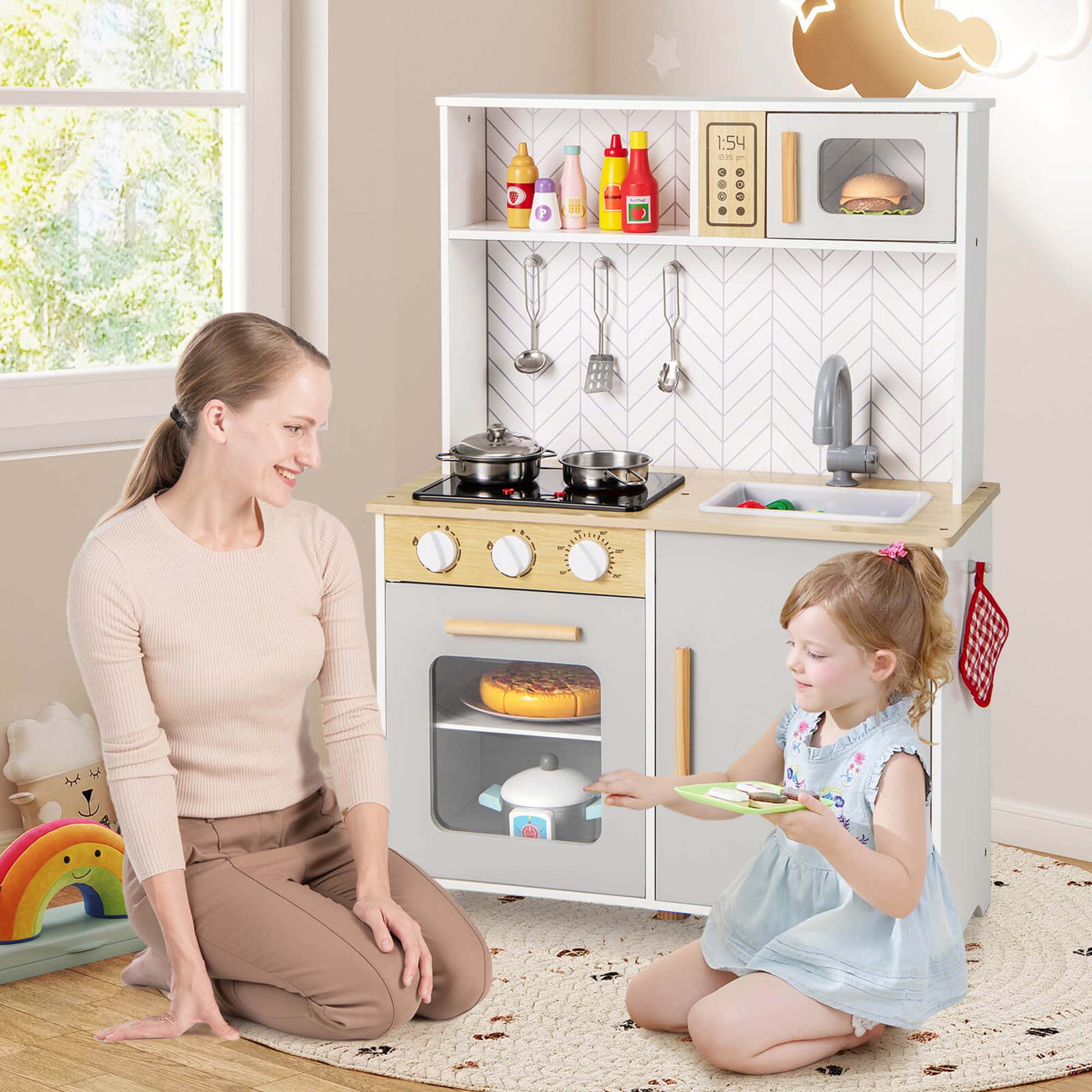 Alt View 1. Costway - Costway Kids Kitchen Playset with Lights Sounds Microwave Stoves Oven Cooking Accessories - White.