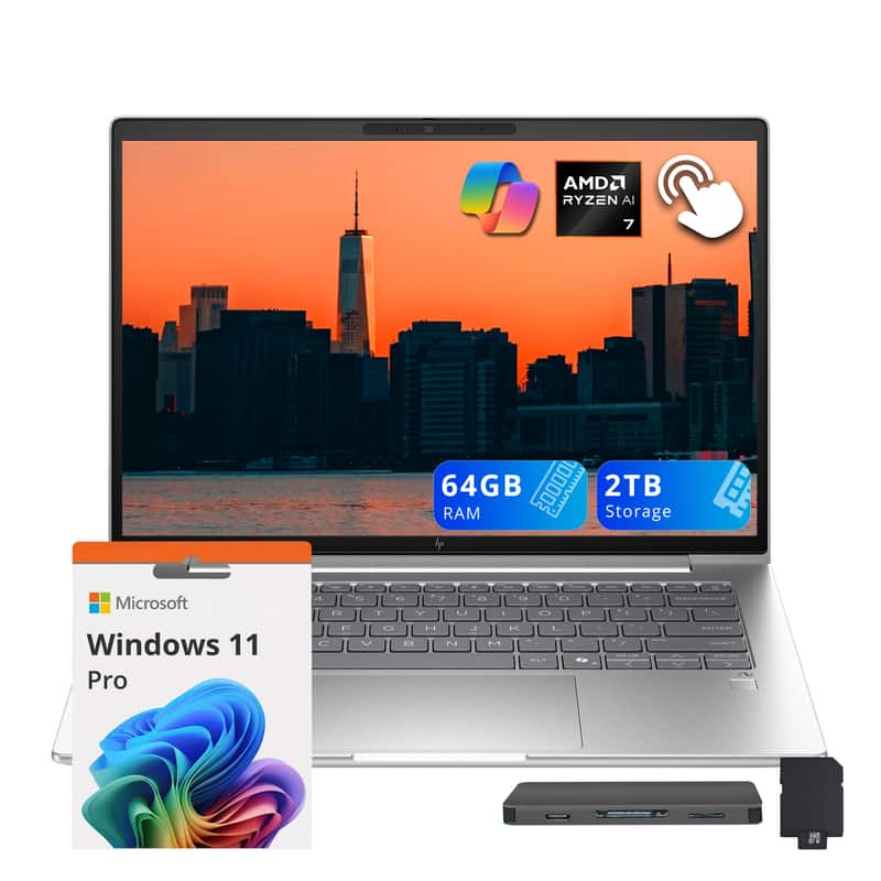 HP - EliteBook 14" WUXGA Touchscreen,Ryzen 7 350,64GB RAM,1TB SSD+1TB Dock Set,Backlit Keyboard,Fingerprint,Win 11 - Silver