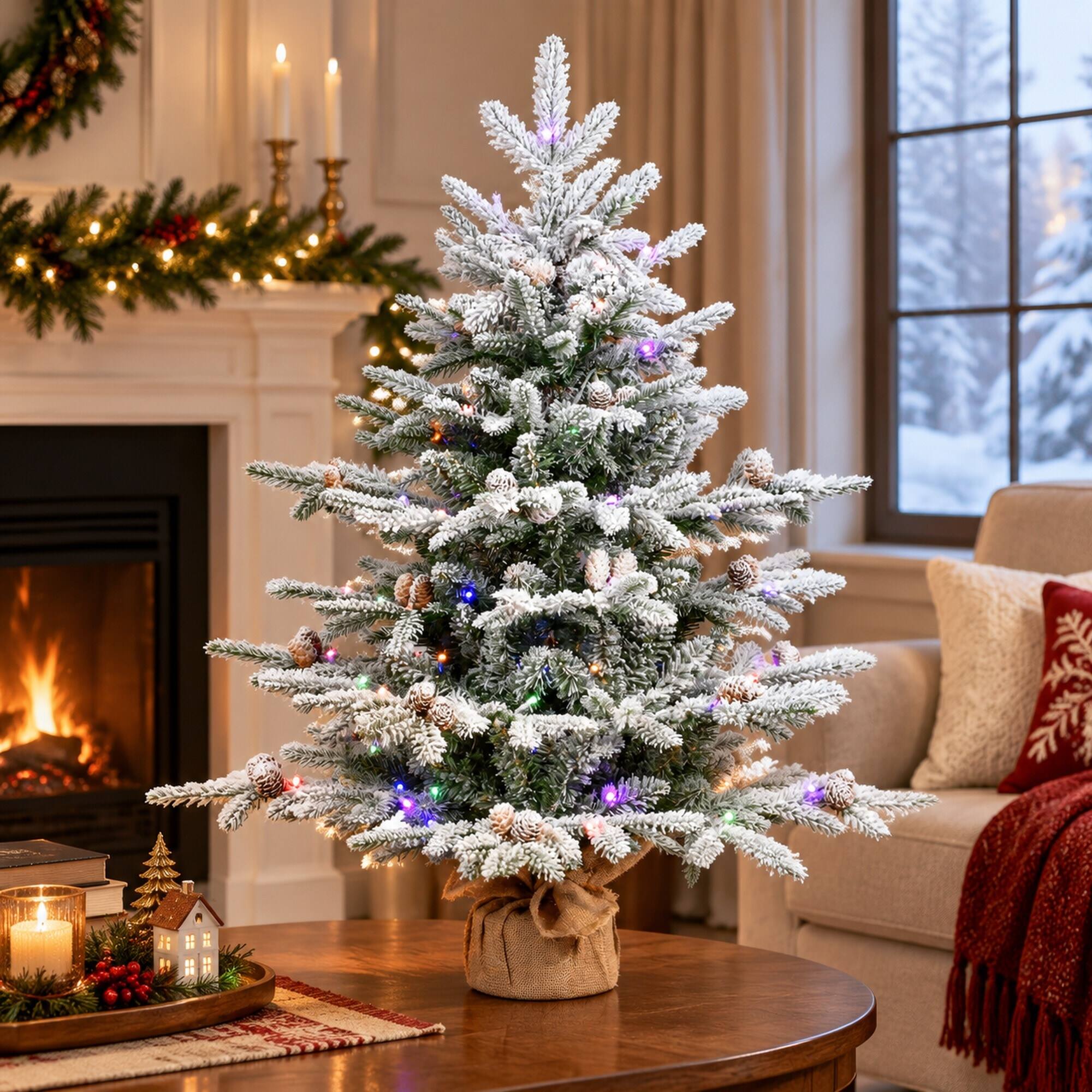 Left. RYHNUYNE - 3FT Pre-Lit Flocked Artificial Pine Tree With 100 Dual-Color LED Lights and 26 Pine Cones, 528 Tips and Burlap Base - Green,White.