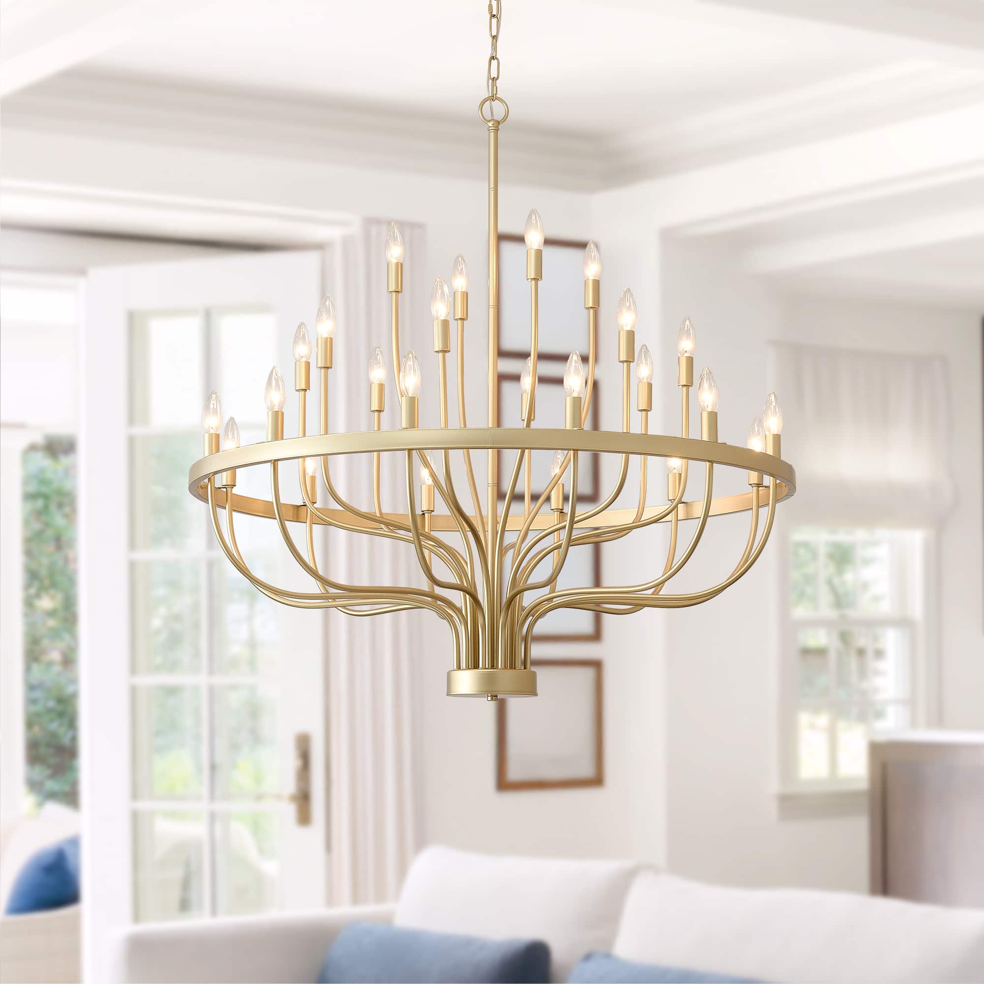 Front. RYHNUYNE - Gold Chandelier 24 Light Large Chandelier for High Ceilings 39.3in Farmhouse Wagon Wheel Chandeliers for Hallway Foyer - Gold.