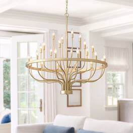 RYHNUYNE - Chandelier 24 Light Large Chandelier for High Ceilings 39.3in Farmhouse Wagon Wheel Chandeliers for Hallway Foyer - Gold