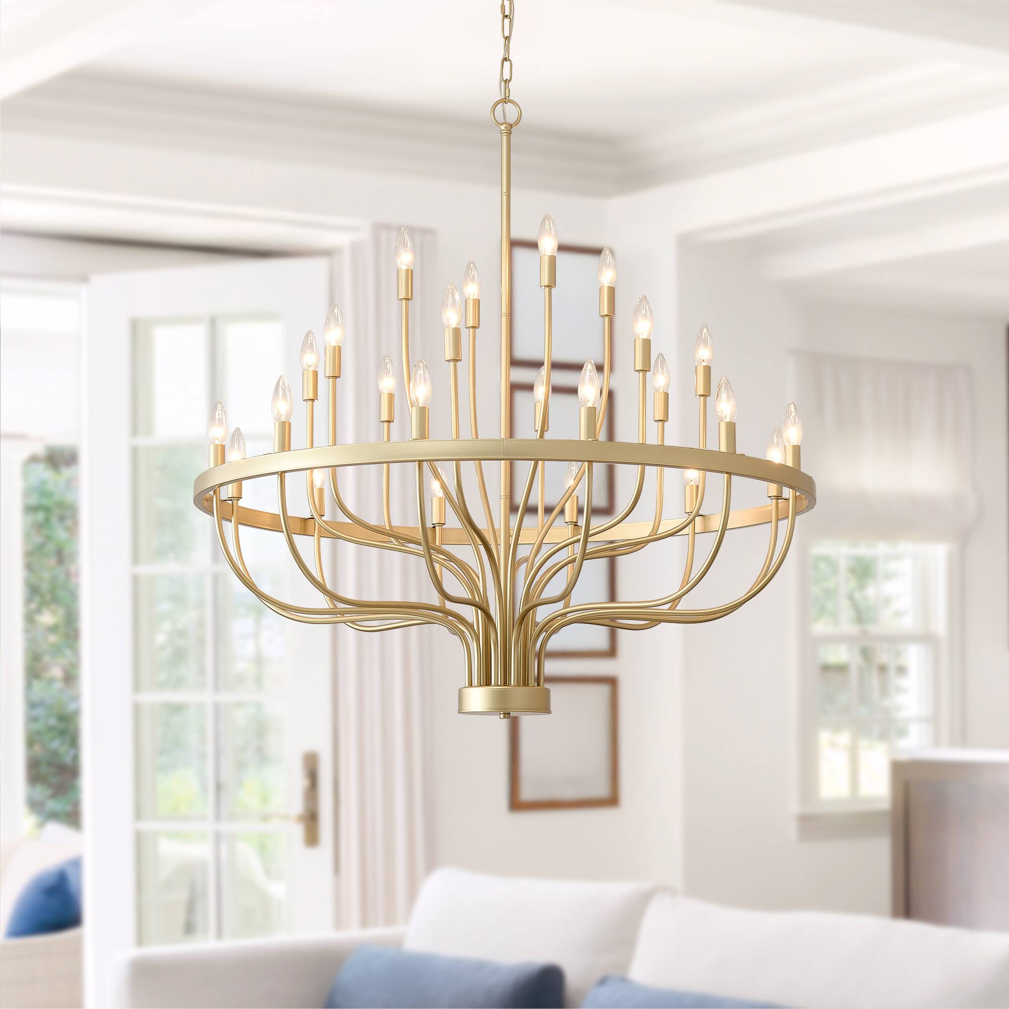 Front. RYHNUYNE - Gold Chandelier 24 Light Large Chandelier for High Ceilings 39.3in Farmhouse Wagon Wheel Chandeliers for Hallway Foyer - Gold.