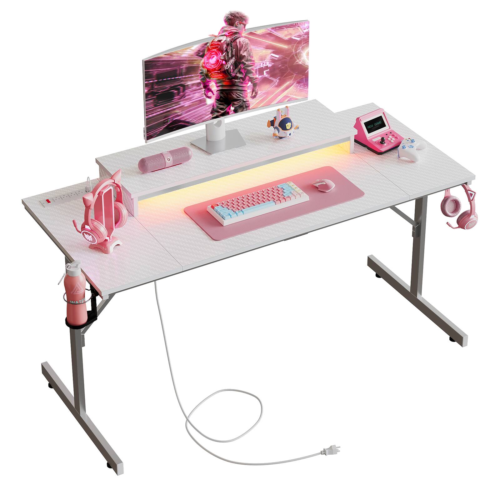 Alt View 13. Bestier - 52" Gaming Desk with Power Outlets USB Ports LED Lights and Monitor Stand - White.