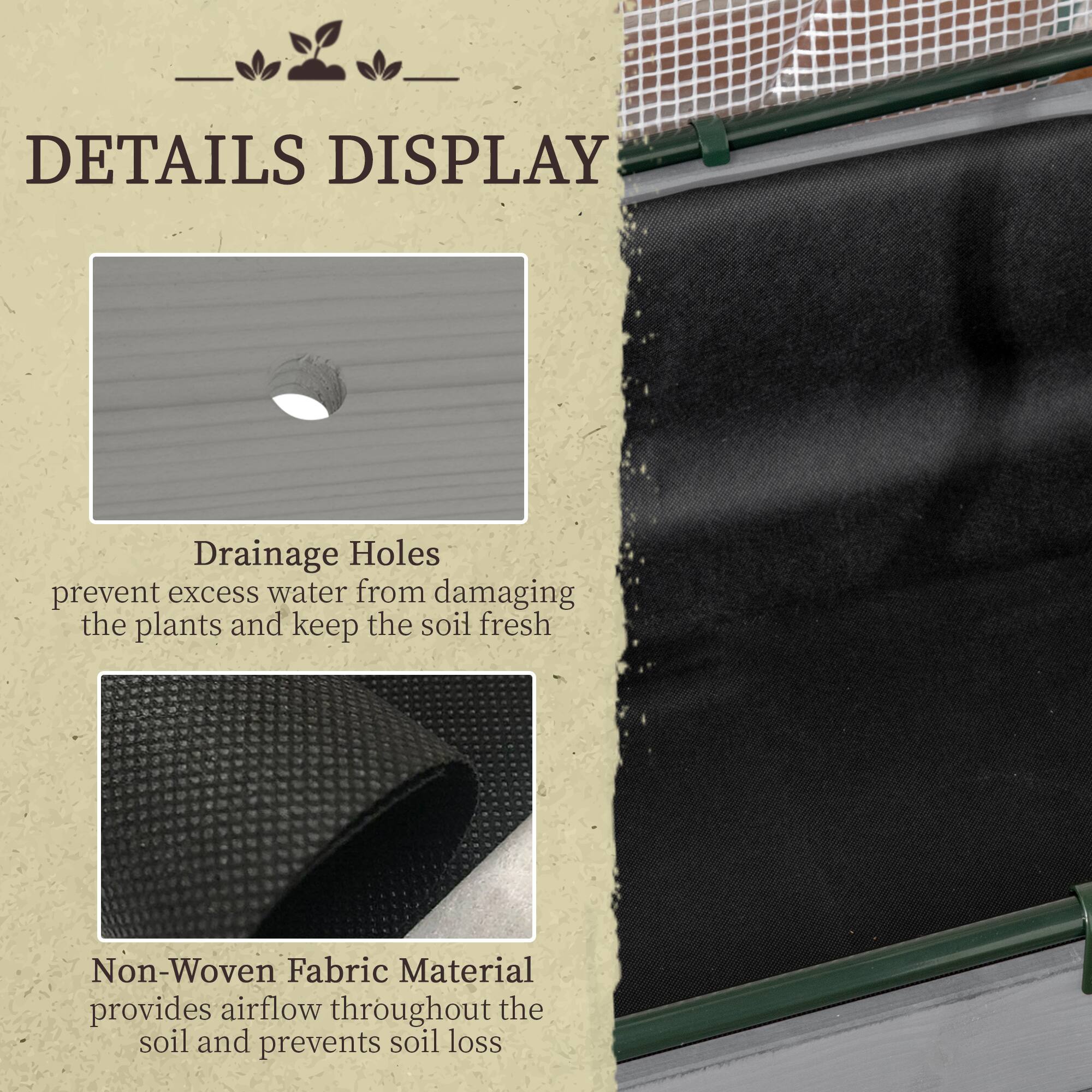 DETAILS DISPLAY

Drainage Holes
prevent excess water from damaging the plants and keep the soil fresh

Non-Woven Fabric Material
provides airflow throughout the soil and prevents soil loss