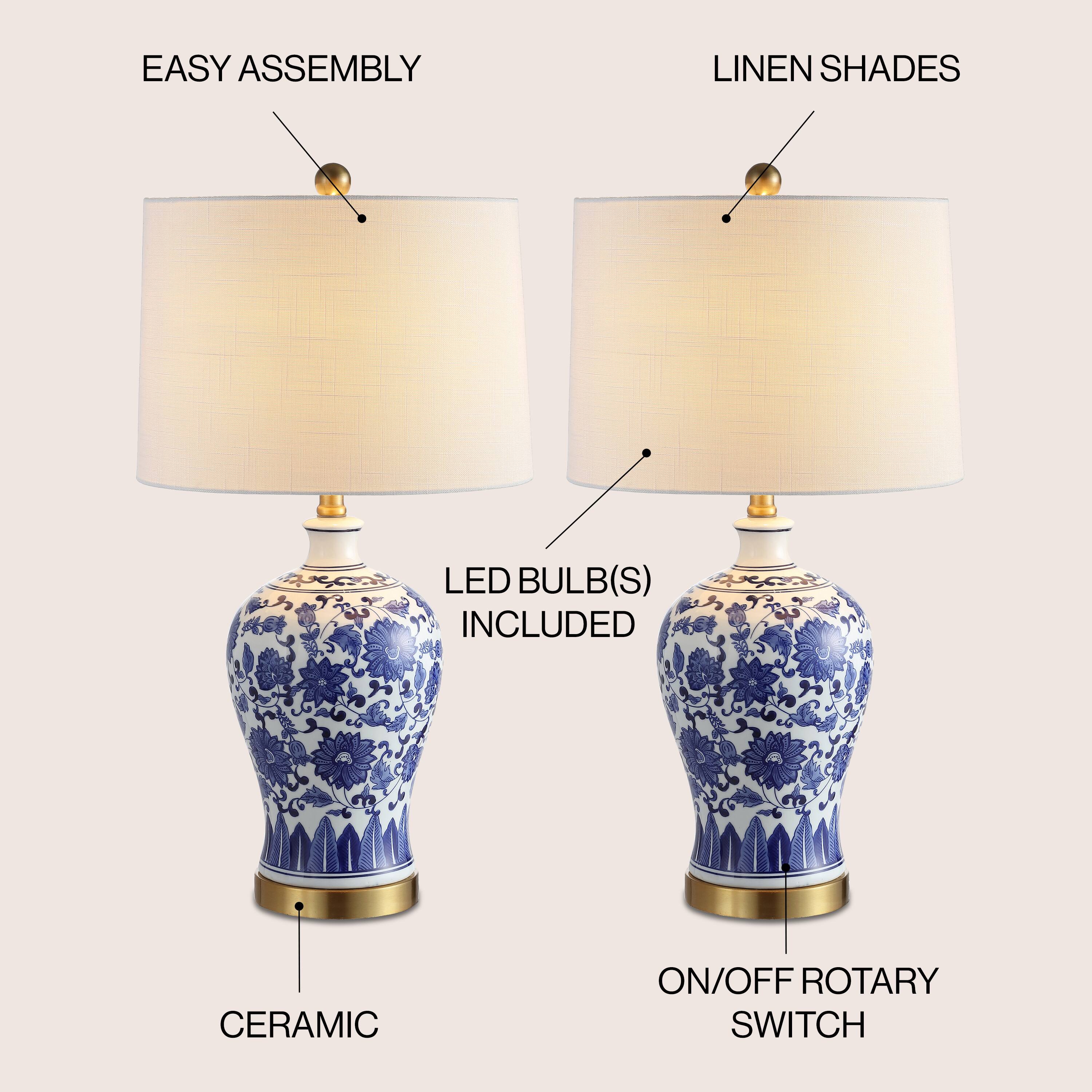 EASY ASSEMBLY  
LINEN SHADES  
LED BULB(S) INCLUDED  
CERAMIC  
ON/OFF ROTARY SWITCH