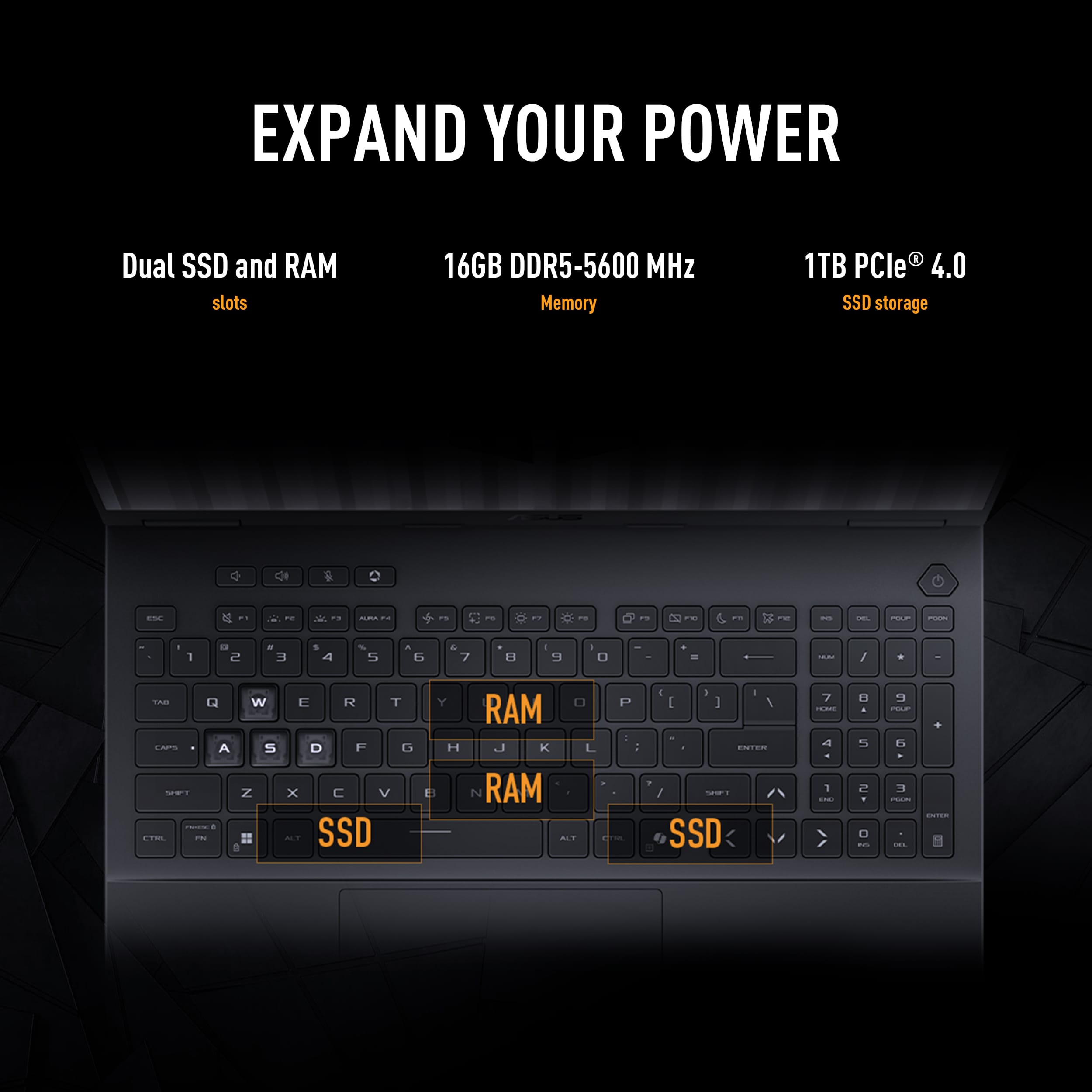 EXPAND YOUR POWER Dual SSD and RAM slots 16GB DDR5-5600 MHz Memory 1TB PCle 4.0 SSD storage.