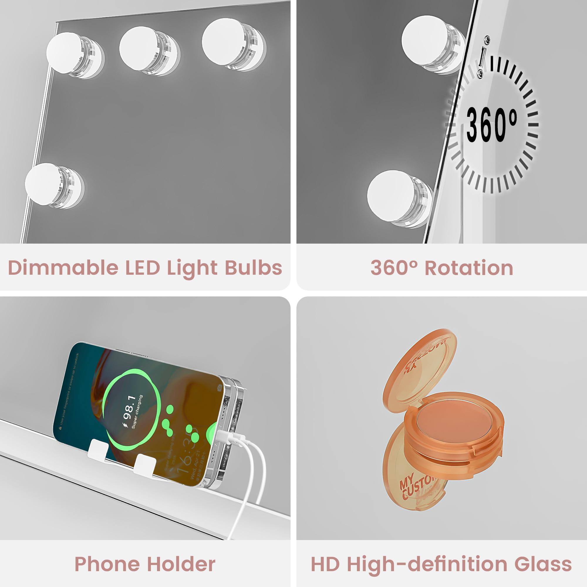 - Dimmable LED Light Bulbs
- 360° Rotation
- Phone Holder
- HD High-definition Glass