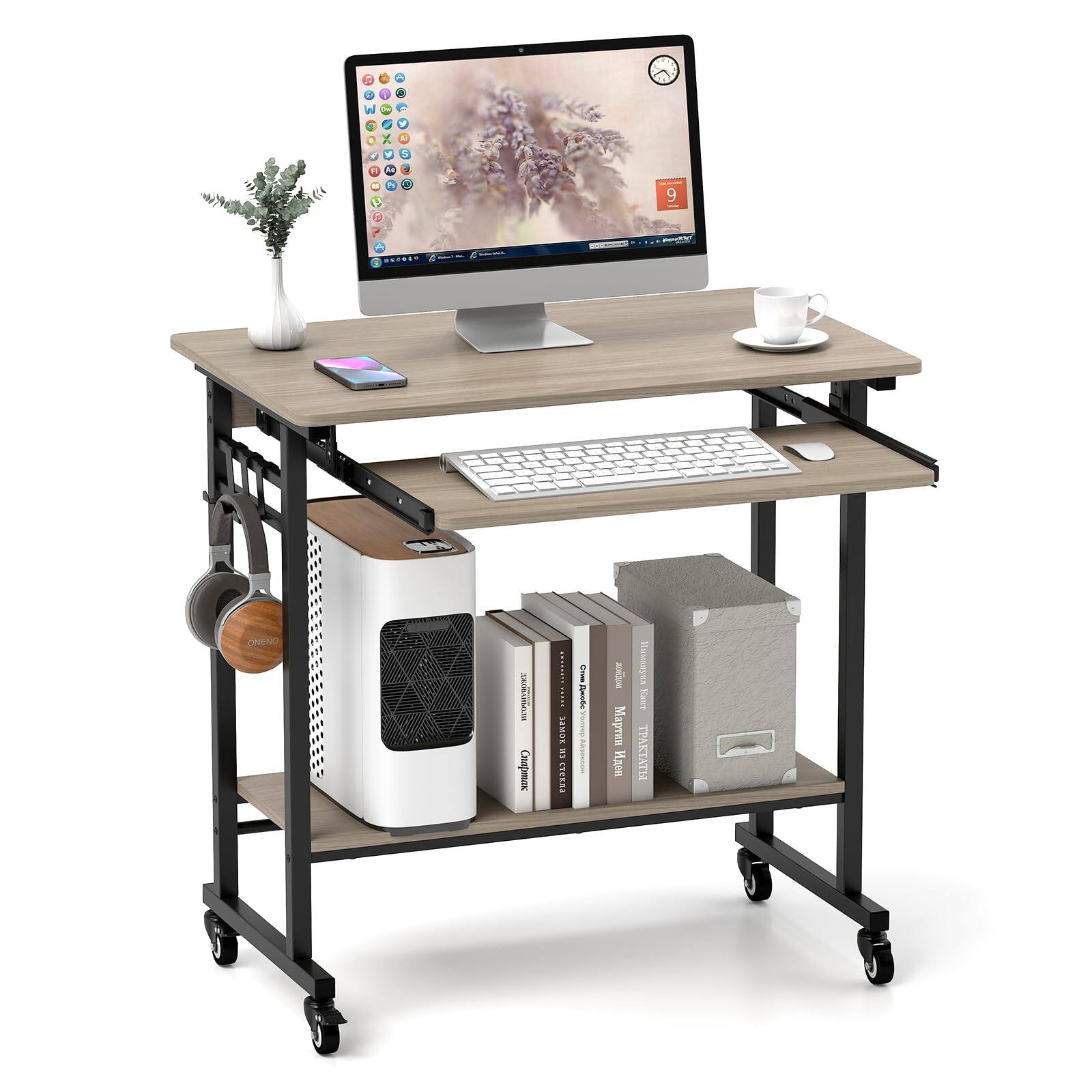 Ecooso - Rolling Laptop Desk with Pull-Out Keyboard Tray and Hooks, Mobile Workstation with Wheels - Gray