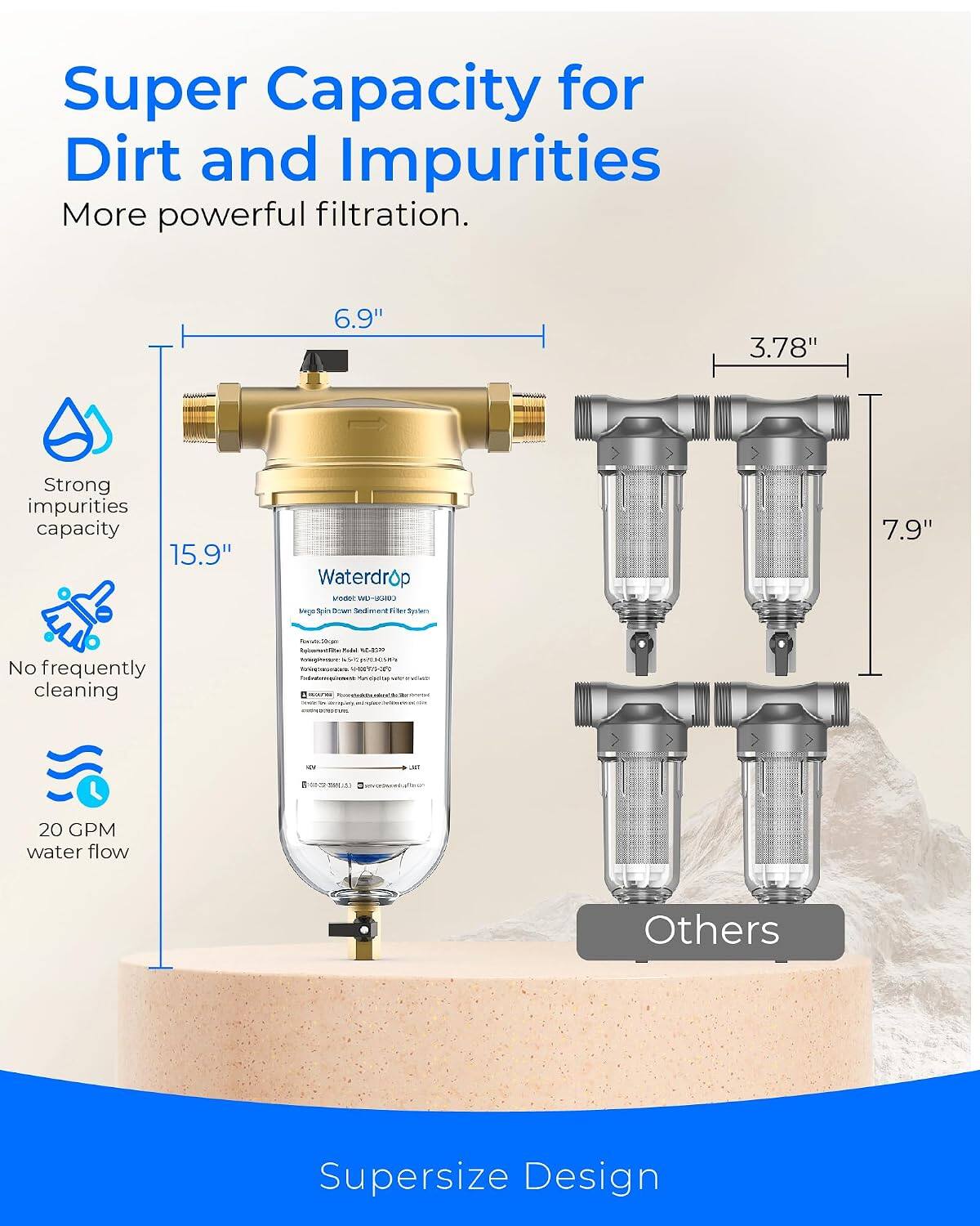 Super Capacity for Dirt and Impurities  
More powerful filtration.

6.9"  
3.78"  
15.9"  
7.9"

Strong impurities capacity  
No frequently cleaning  
20 GPM water flow

Waterdrop  
Vego Spin Down Sediment Filter System

Others

Supersize Design