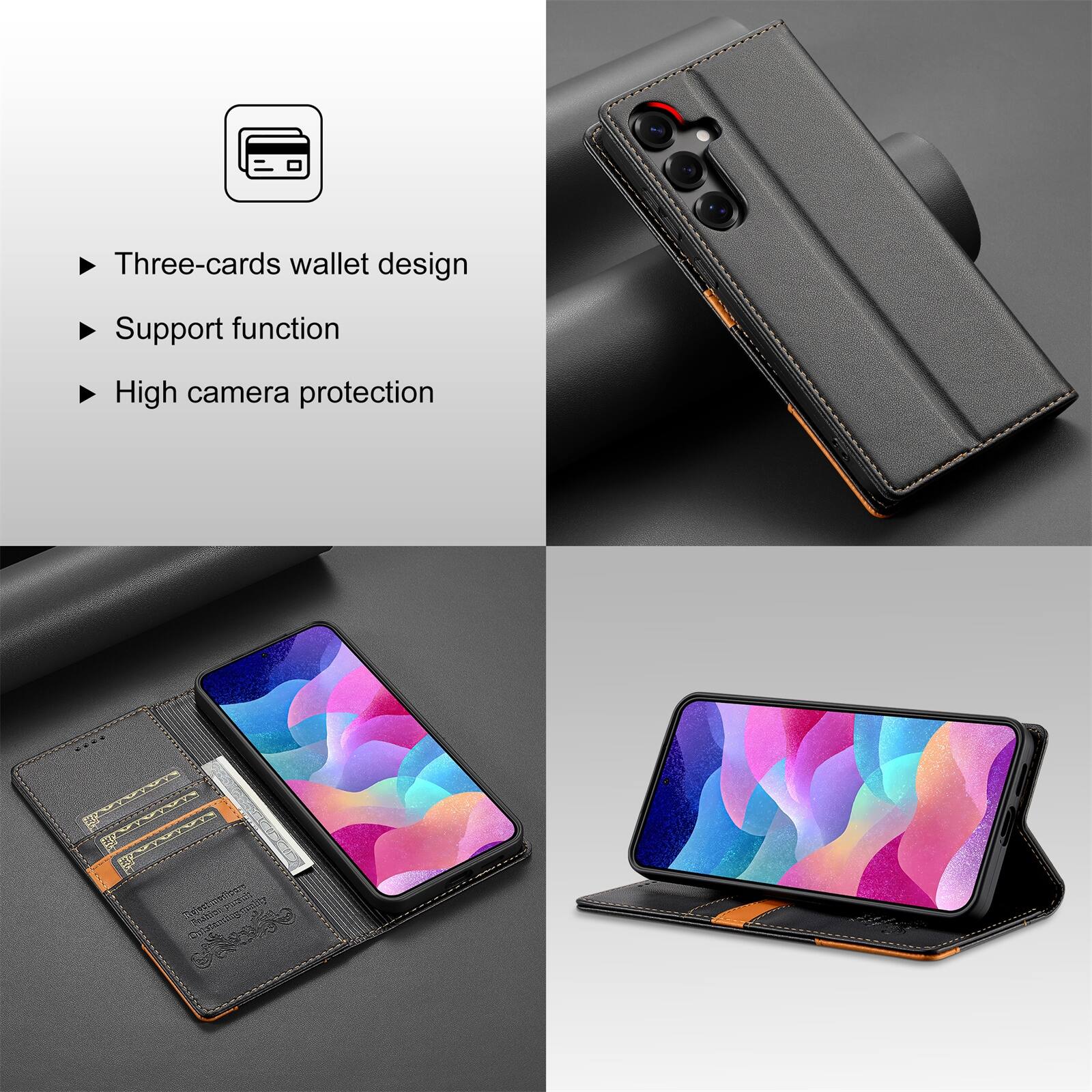 Three-cards wallet design  
Support function  
High camera protection