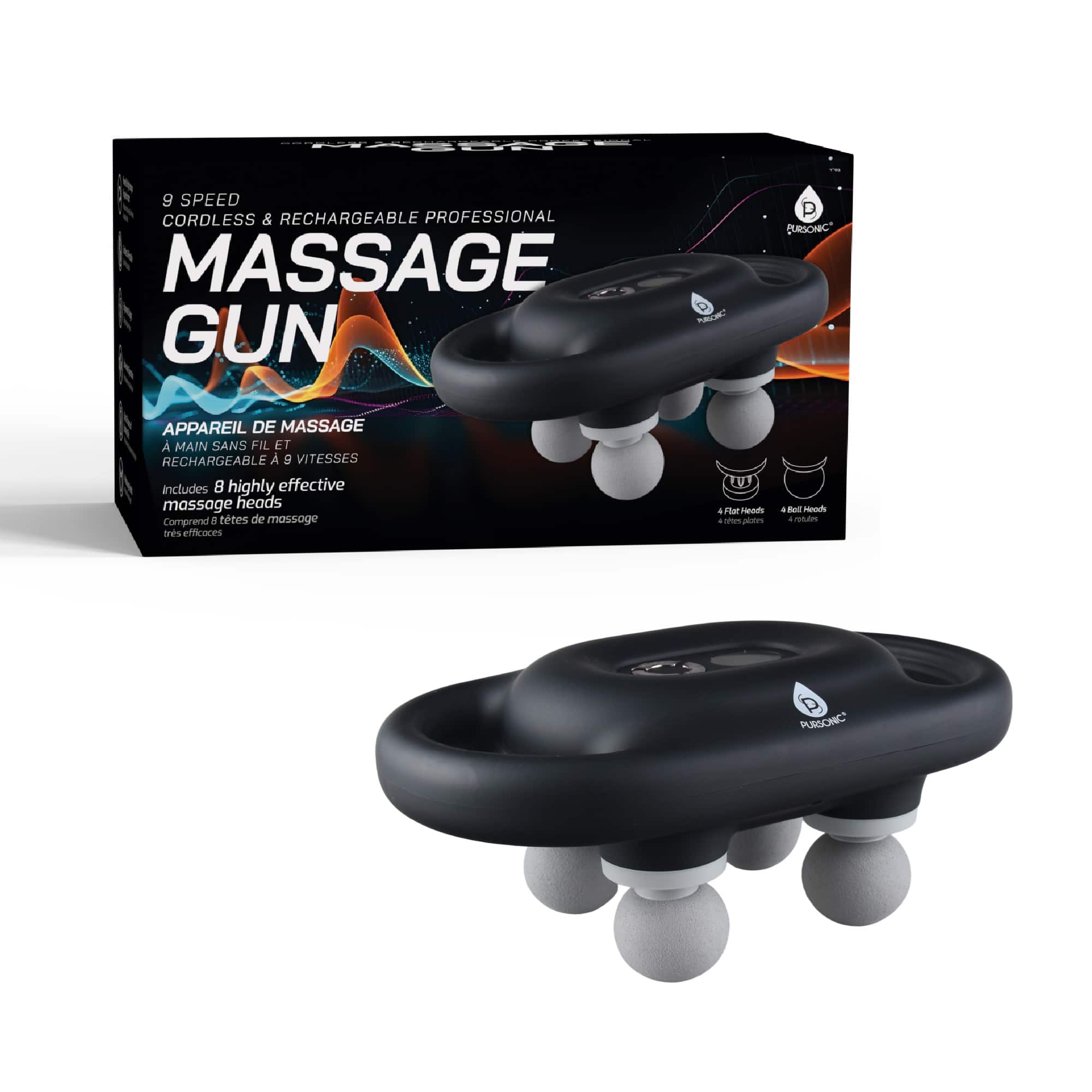 Pursonic - 9-Speed Deep Tissue Massage Gun – Cordless, Rechargeable With 8Pro Massage Heads