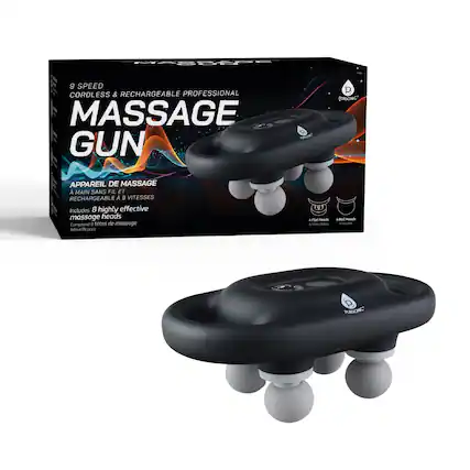 9 SPEED CORDLESS & RECHARGEABLE PROFESSIONAL MASSAGE GUN
PACEC BERSONIC APPAREIL DE MASSAGE A MAIN SANS FIL ET RECHARGEABLE A 9 VITESSES
Includes 8 highly effective massage heads
Comprend 8 têtes de massage très efficaces