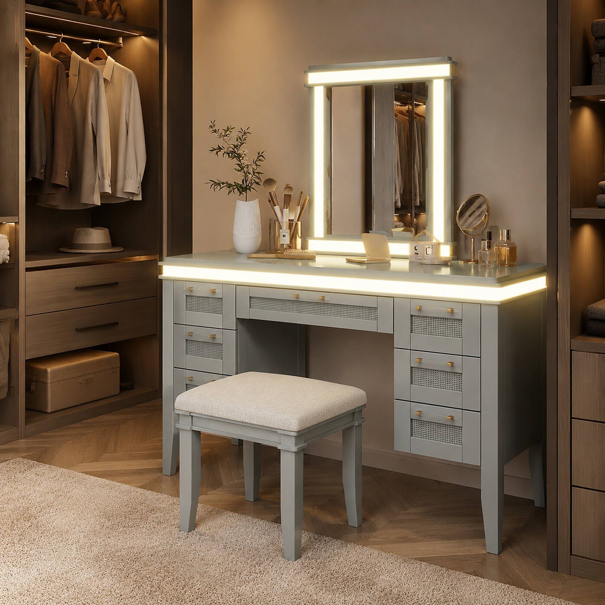 Left. RYHNUYNE - 48 in Vanity Desk Set, 7 Drawers, Cushioned Stool, LED Mirror, Rubber Wood Legs, Greyblue - Grayish Blue.