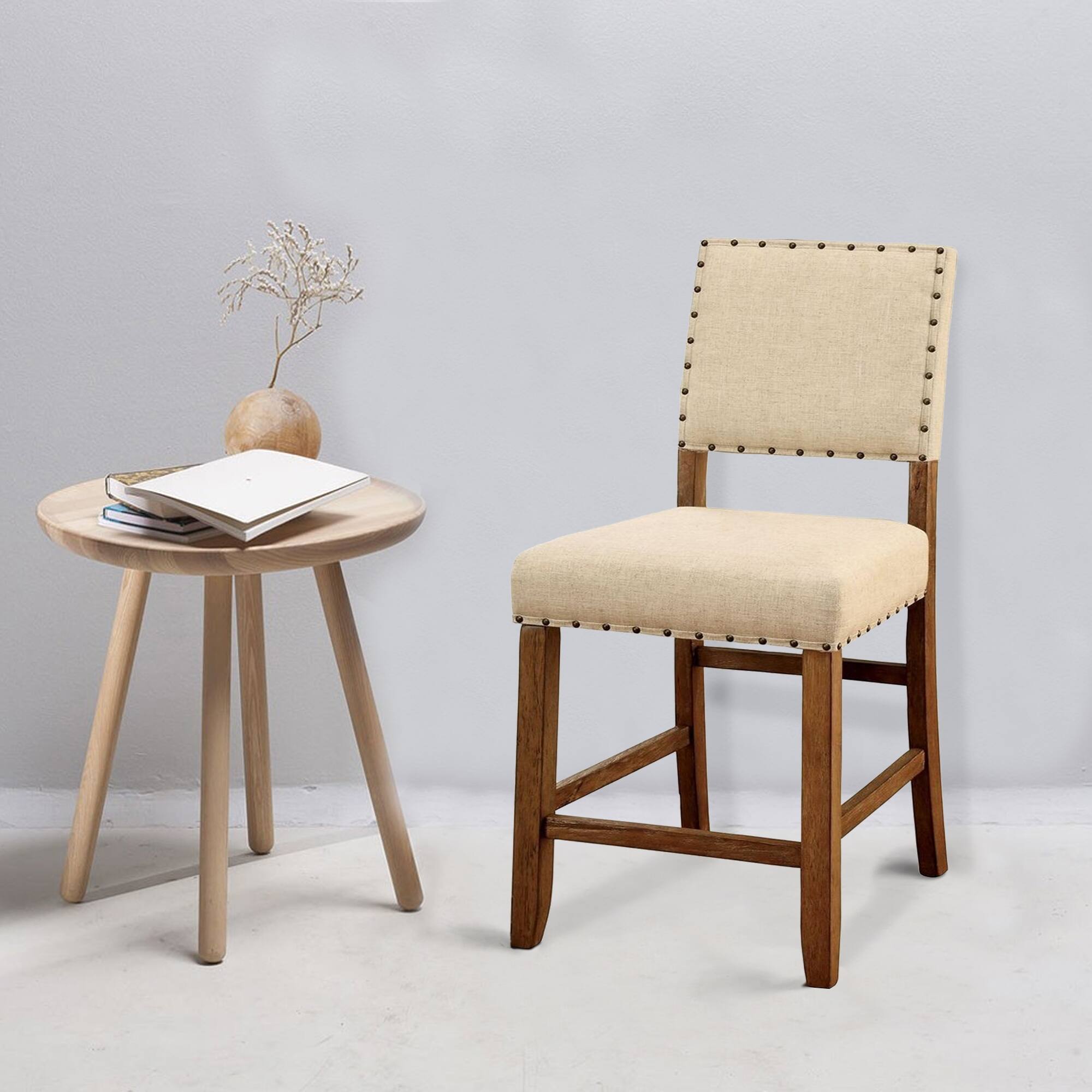 Alt View 5. Manhattan Lane - Sania Rustic Counter Height Chair In Ivory Linen, Set of 2 - Natural Tone.