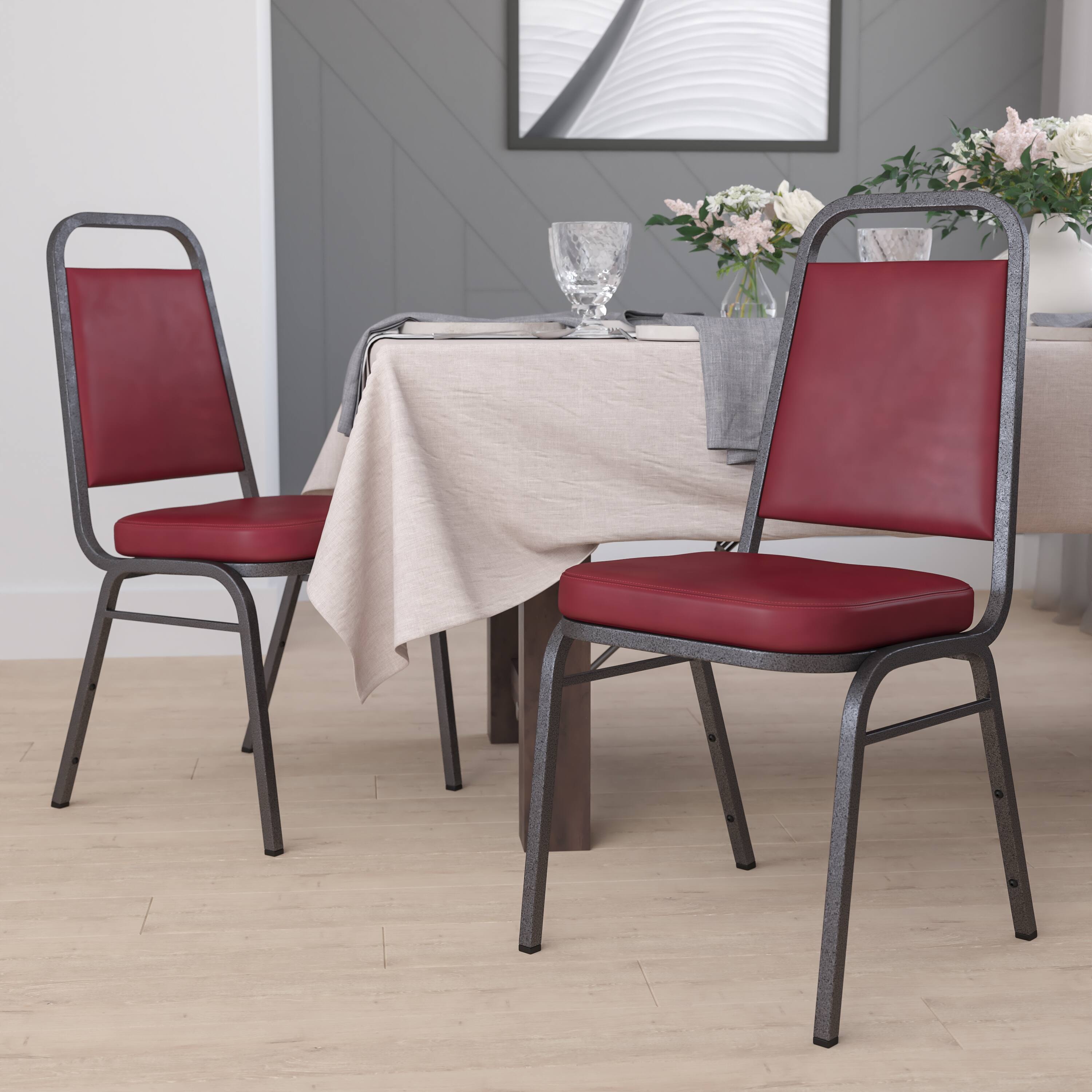 Alt View 2. Emma + Oliver - 4 Pack Trapezoidal Back Stacking Banquet Chair - Gray Fabric/Silver Vein Frame.