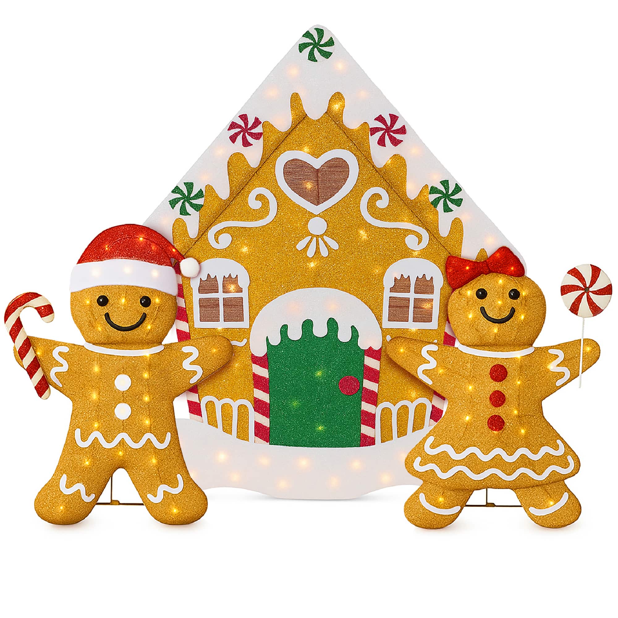 Best Choice Products - 3pc Gingerbread Man Family House 4ft Pre-lit Christmas Yard Decor - Golden
