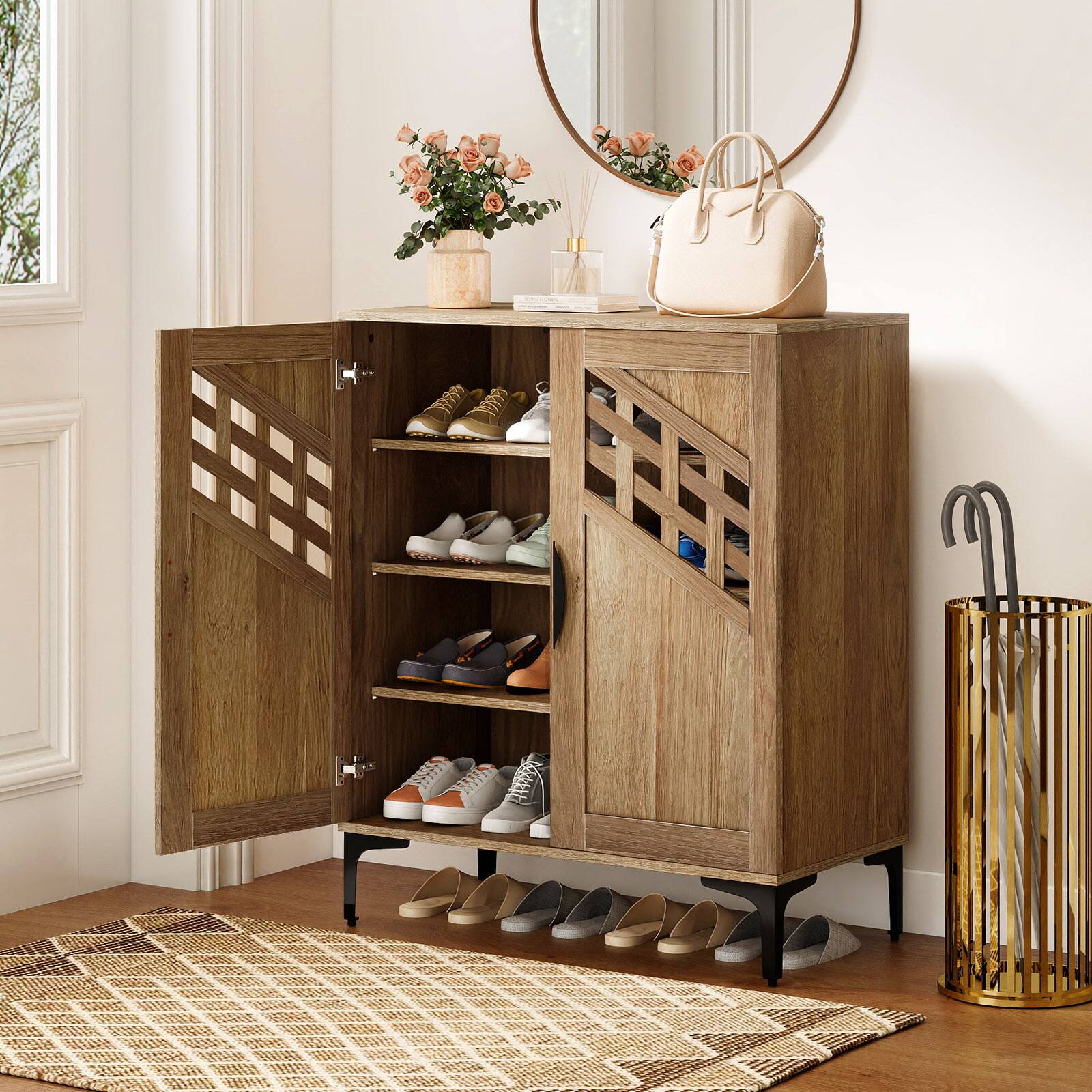 Alt View 1. Gymax - Gymax 4 Tier Shoe Cabinet w/ Doors Removable Shelves & Metal Legs for Entryway - Yellow.