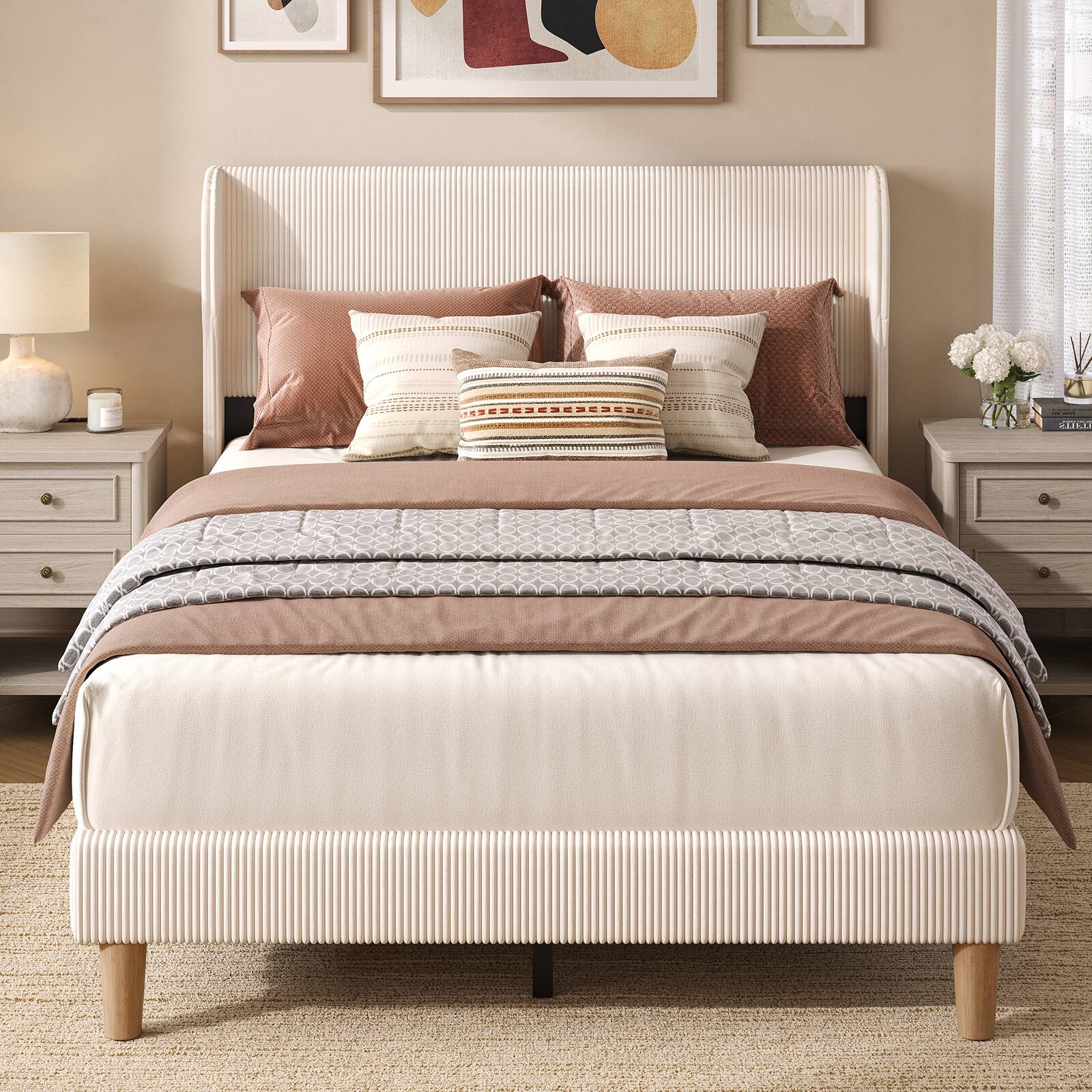 Back. Bestier - Wood Frame Corduroy Upholstered Platform Bed Frame with Wingback Headboard - Off White.