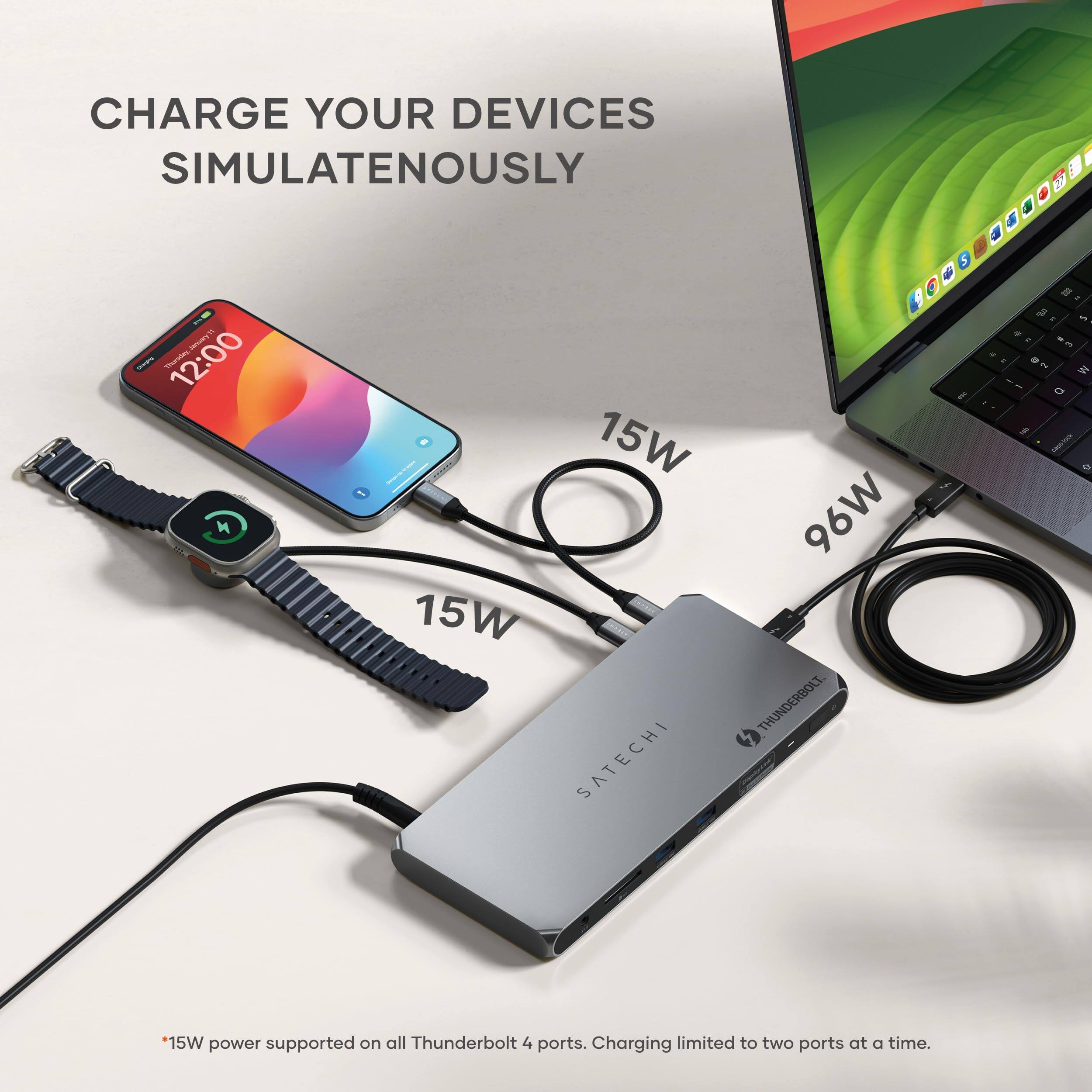 CHARGE YOUR DEVICES SIMULTANEOUSLY

15W
15W
96W

SATECHI
THUNDERBOLT

*15W power supported on all Thunderbolt 4 ports. Charging limited to two ports at a time.