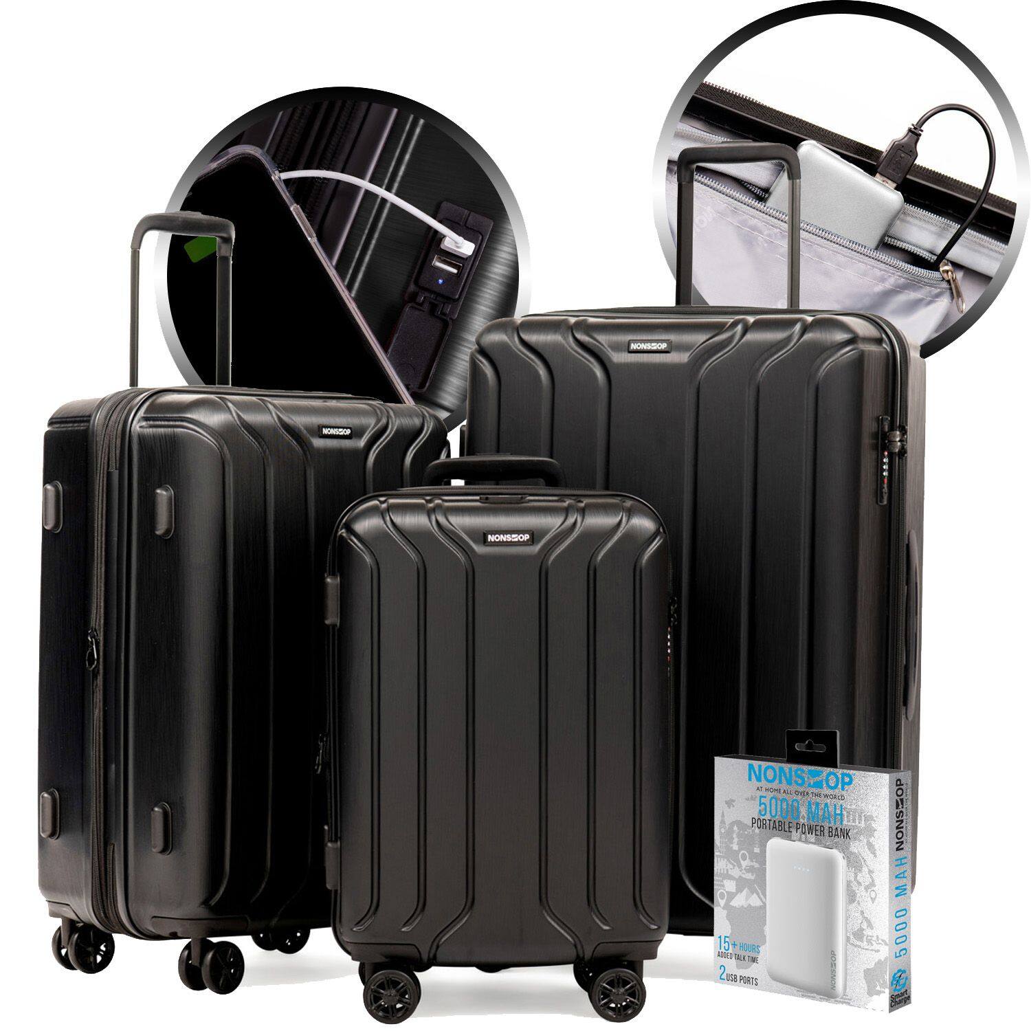 Nonstop - New York 3 Piece Set (20" 24" 28") 4-Wheel Luggage Set + PowerBank & 3 packing cubes - Black